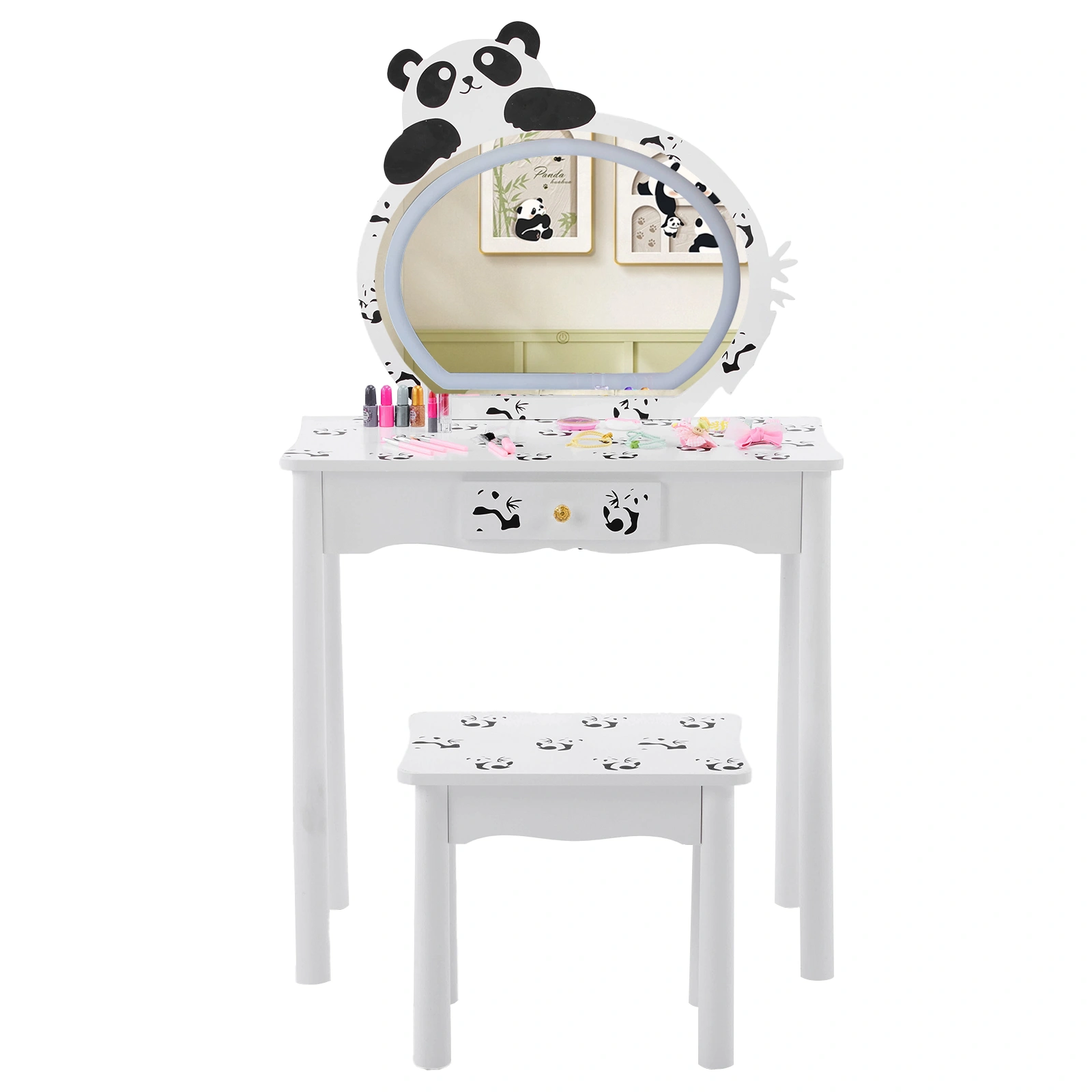 Black and white panda MDF painted finish, solid wood legs, 1-drawer children's dressing table set, LED three-color backlit touch switch view 2