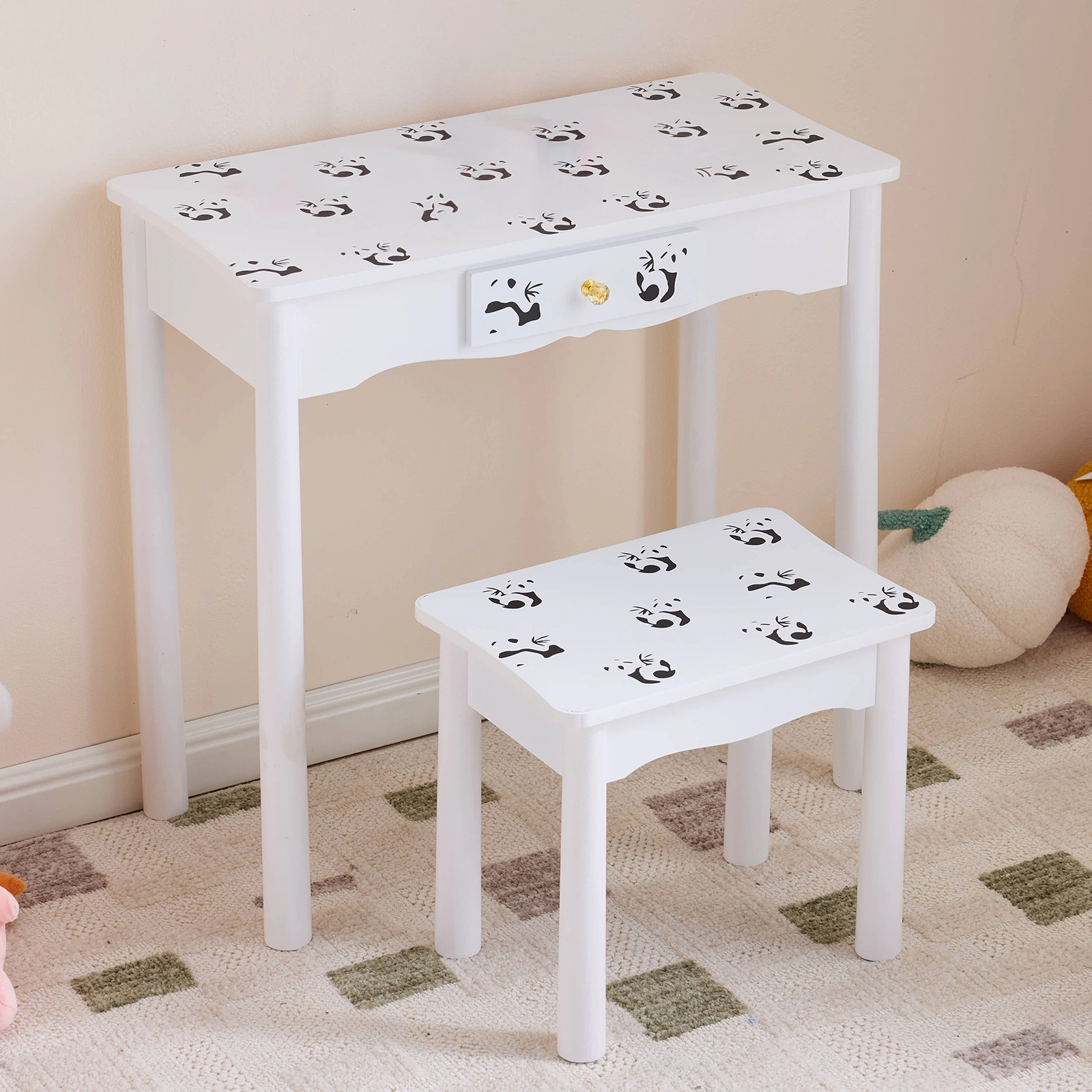 Black and white panda MDF painted finish, solid wood legs, 1-drawer children's dressing table set, LED three-color backlit touch switch view 3