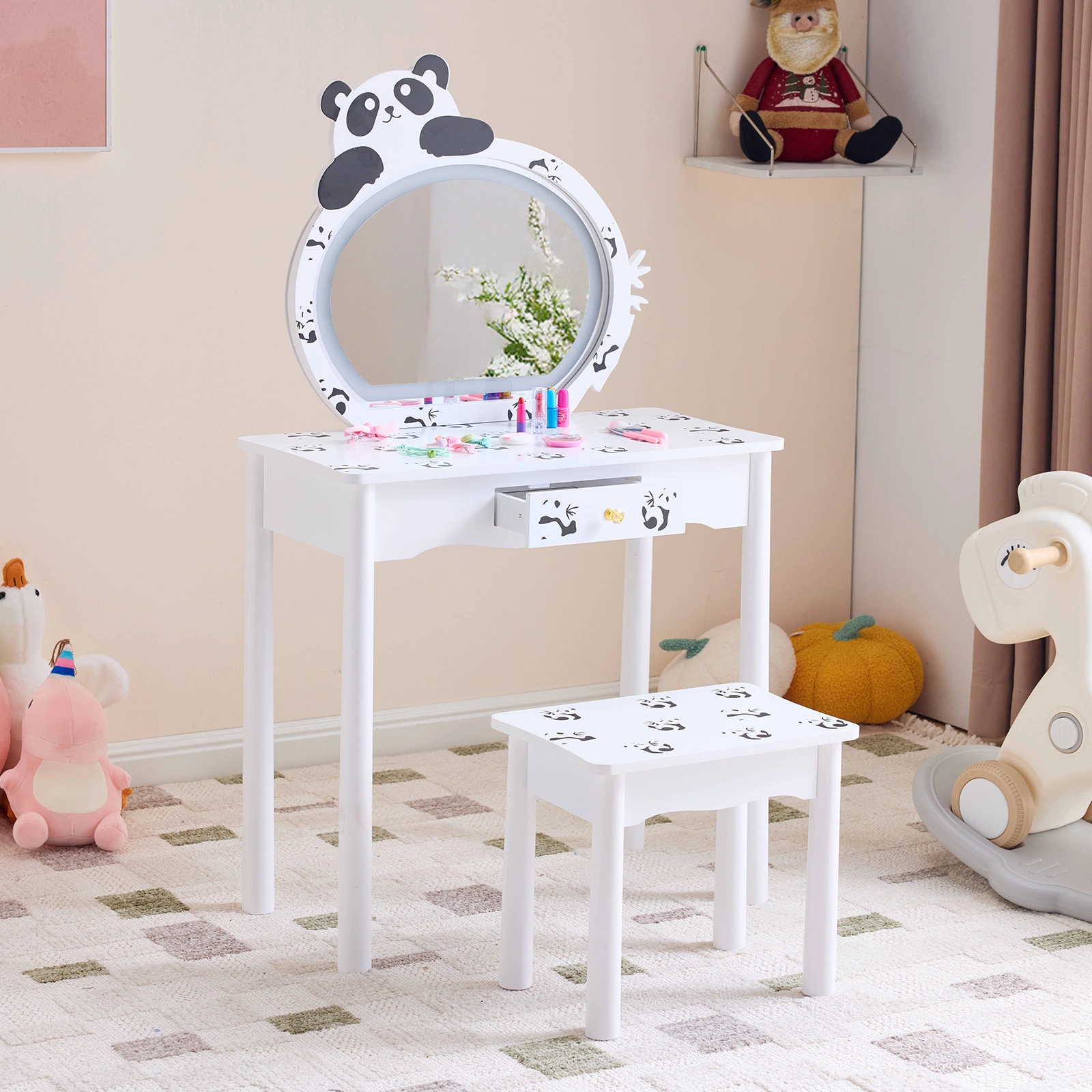Black and white panda MDF painted finish, solid wood legs, 1-drawer children's dressing table set, LED three-color backlit touch switch view 4