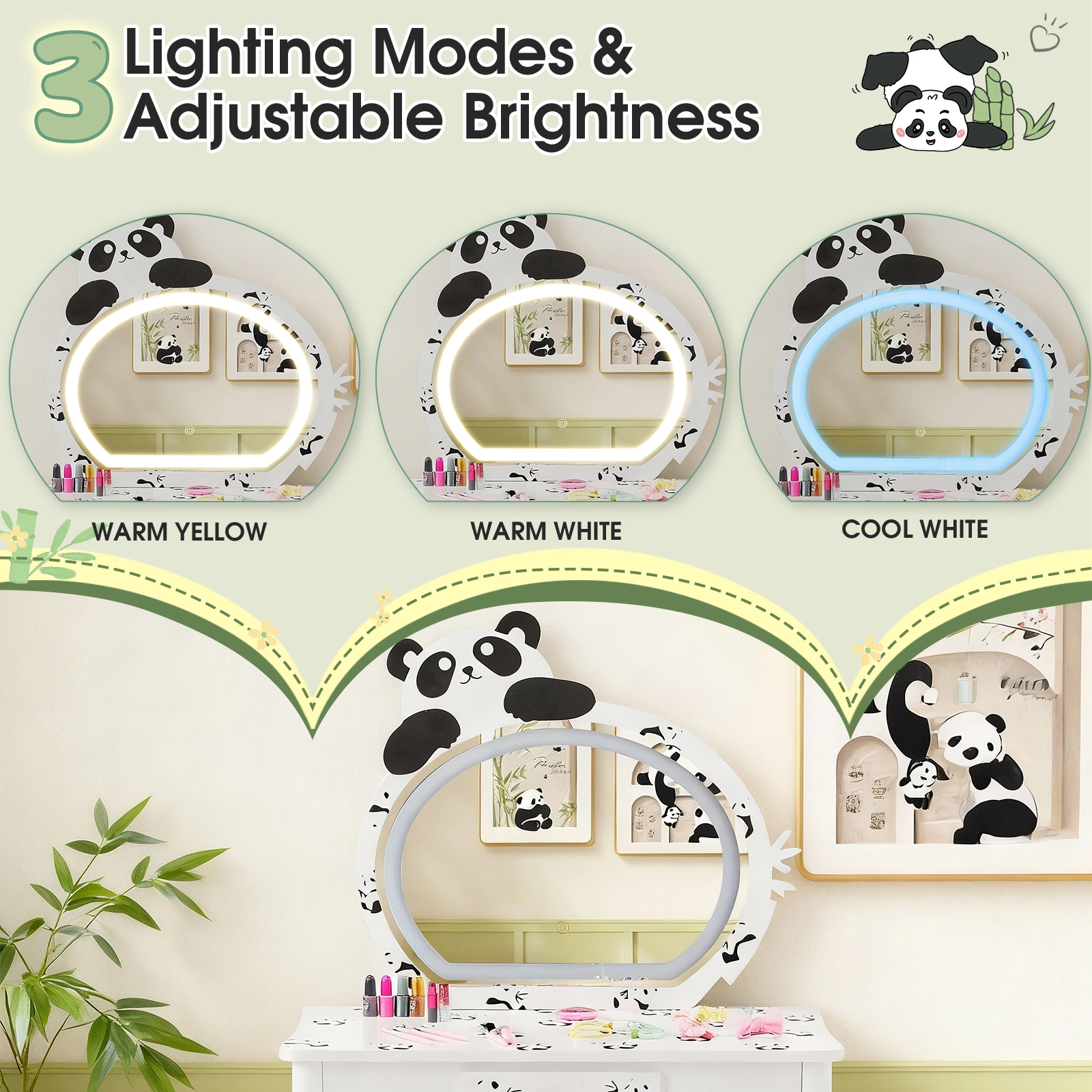 Black and white panda MDF painted finish, solid wood legs, 1-drawer children's dressing table set, LED three-color backlit touch switch view 7