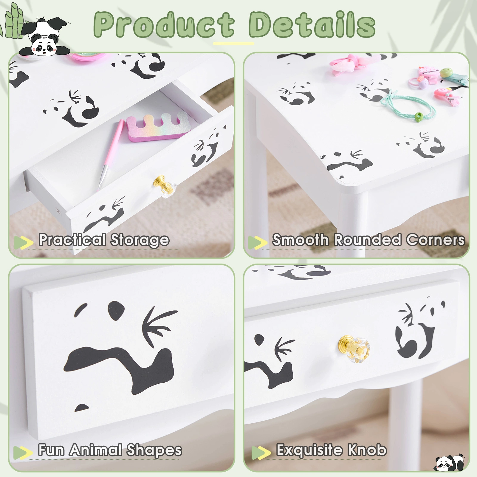Black and white panda MDF painted finish, solid wood legs, 1-drawer children's dressing table set, LED three-color backlit touch switch view 8