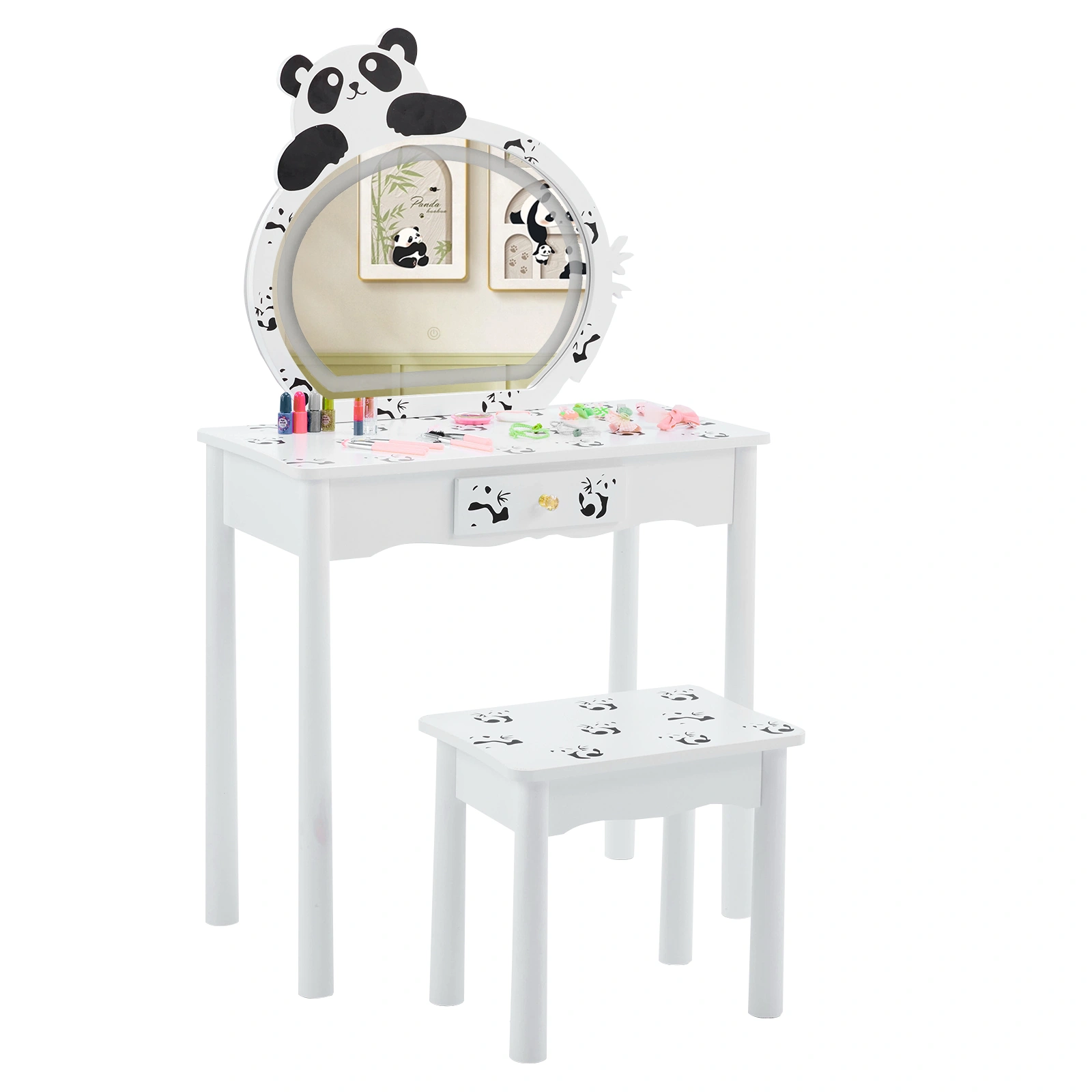 Black and white panda MDF painted finish, solid wood legs, 1-drawer children's dressing table set, LED three-color backlit touch switch view 9