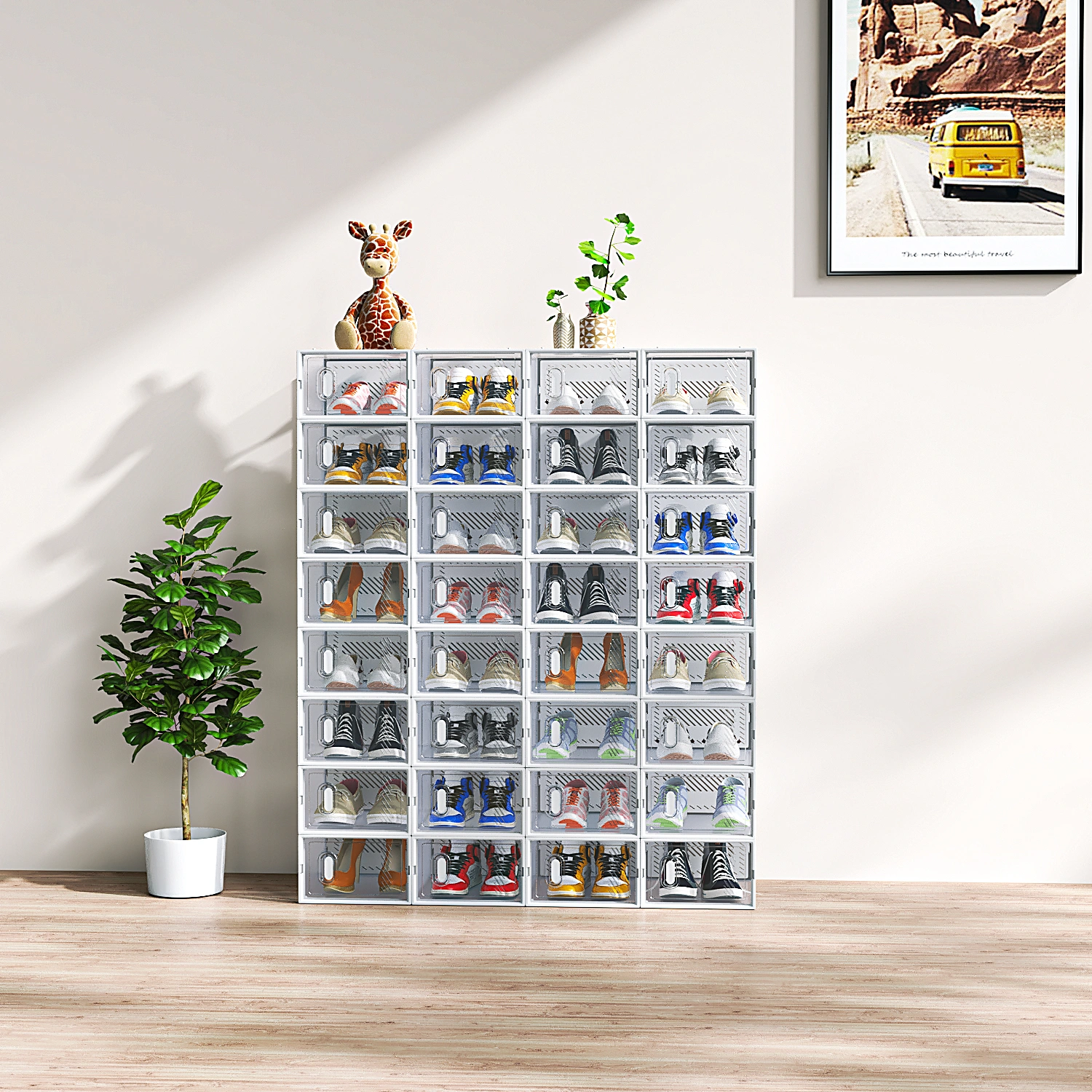 32Pcs White Shoe Boxes, 33x23x14cm Plastic Mesh Storage Containers, Freely Combinable Stackable