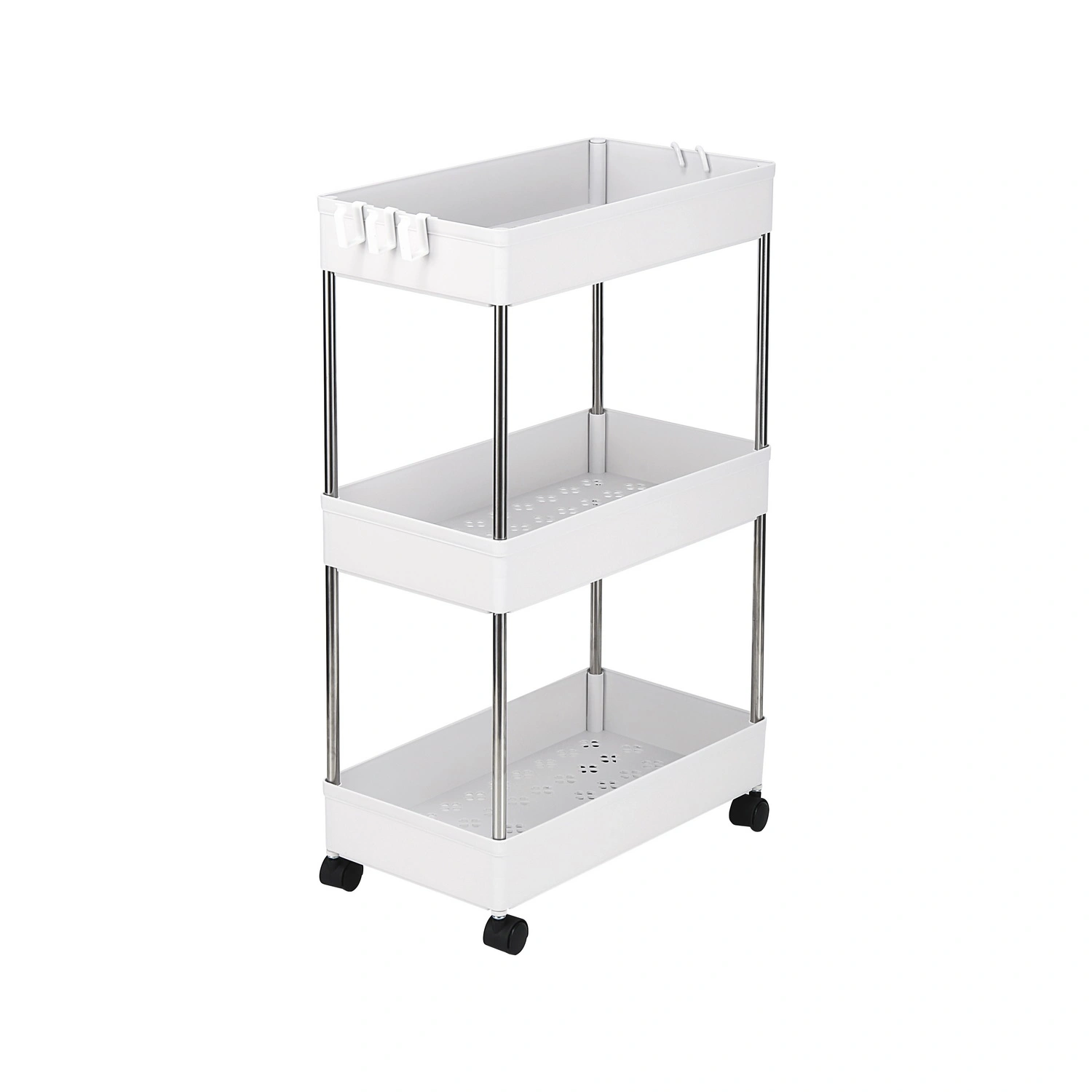 3-Layer Mobile Multi-functional Storage Cart,Suitable for Kitchen, Bathroom, Laundry Room Narrow Place, Plastic and Stainless Steel, White view 3