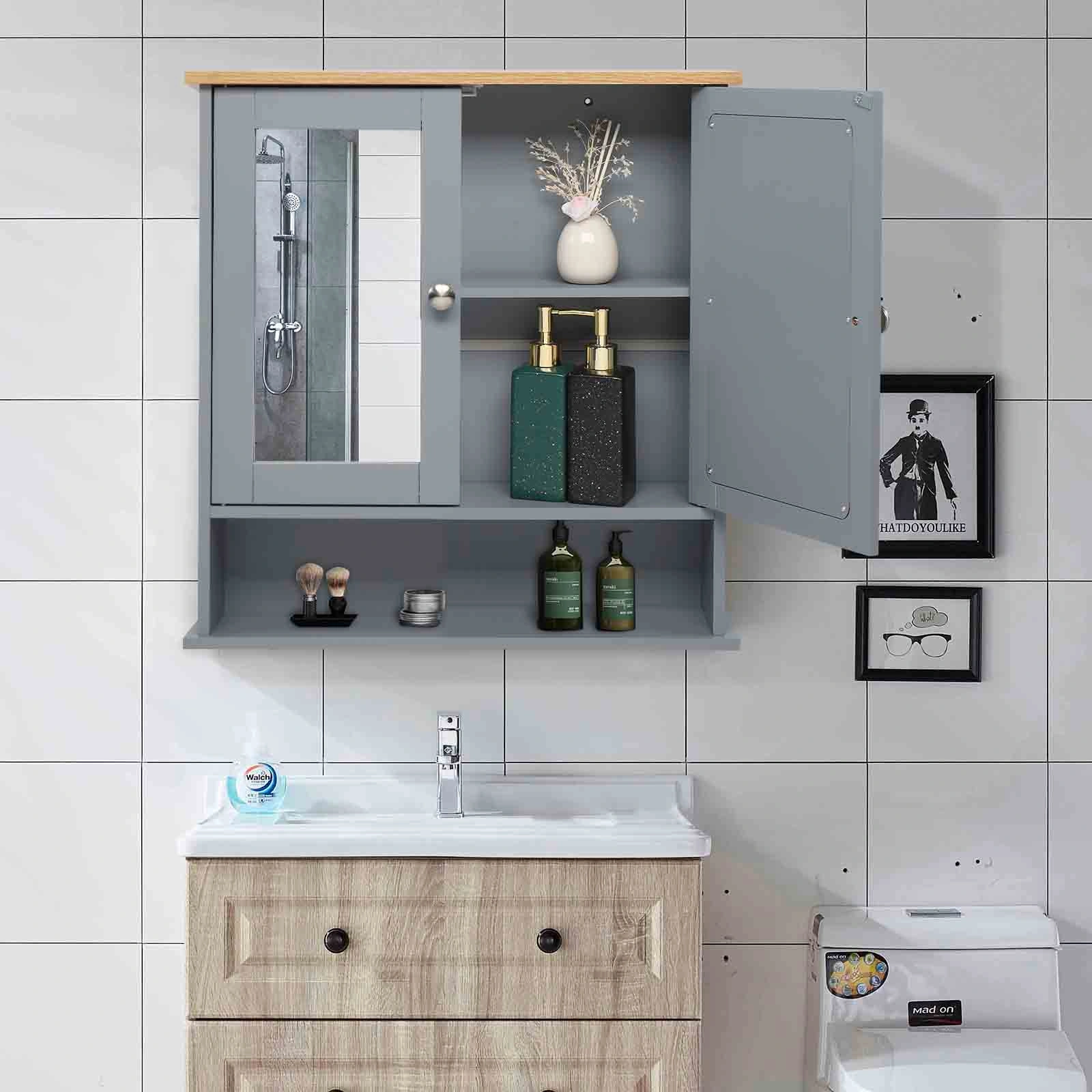 2-Door Gray Bathroom Wall Cabinet with Mirrored Doors, 1 Interior Storage Shelf, MDF Construction for Vanity & Toilet