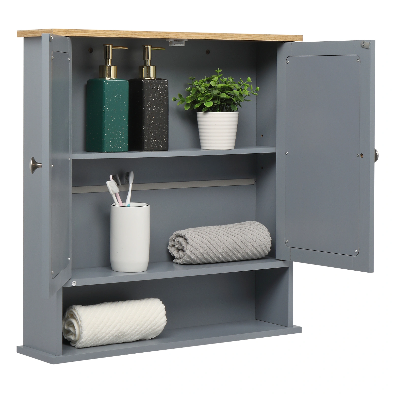 2-Door Gray Bathroom Wall Cabinet with Mirrored Doors, 1 Interior Storage Shelf, MDF Construction for Vanity & Toilet view 11