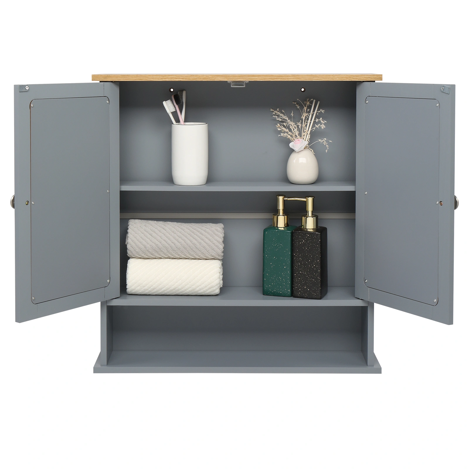 2-Door Gray Bathroom Wall Cabinet with Mirrored Doors, 1 Interior Storage Shelf, MDF Construction for Vanity & Toilet view 14