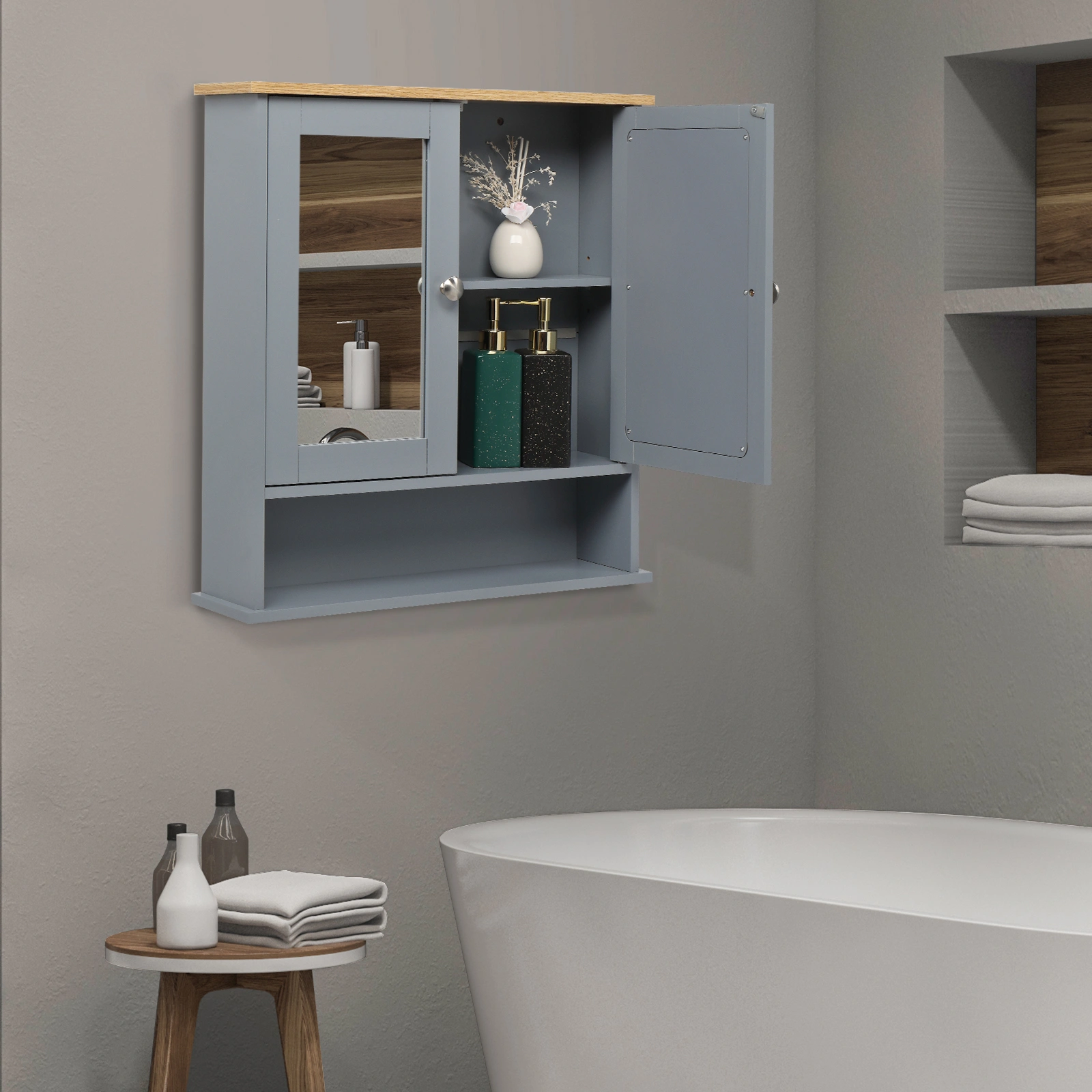 2-Door Gray Bathroom Wall Cabinet with Mirrored Doors, 1 Interior Storage Shelf, MDF Construction for Vanity & Toilet view 2