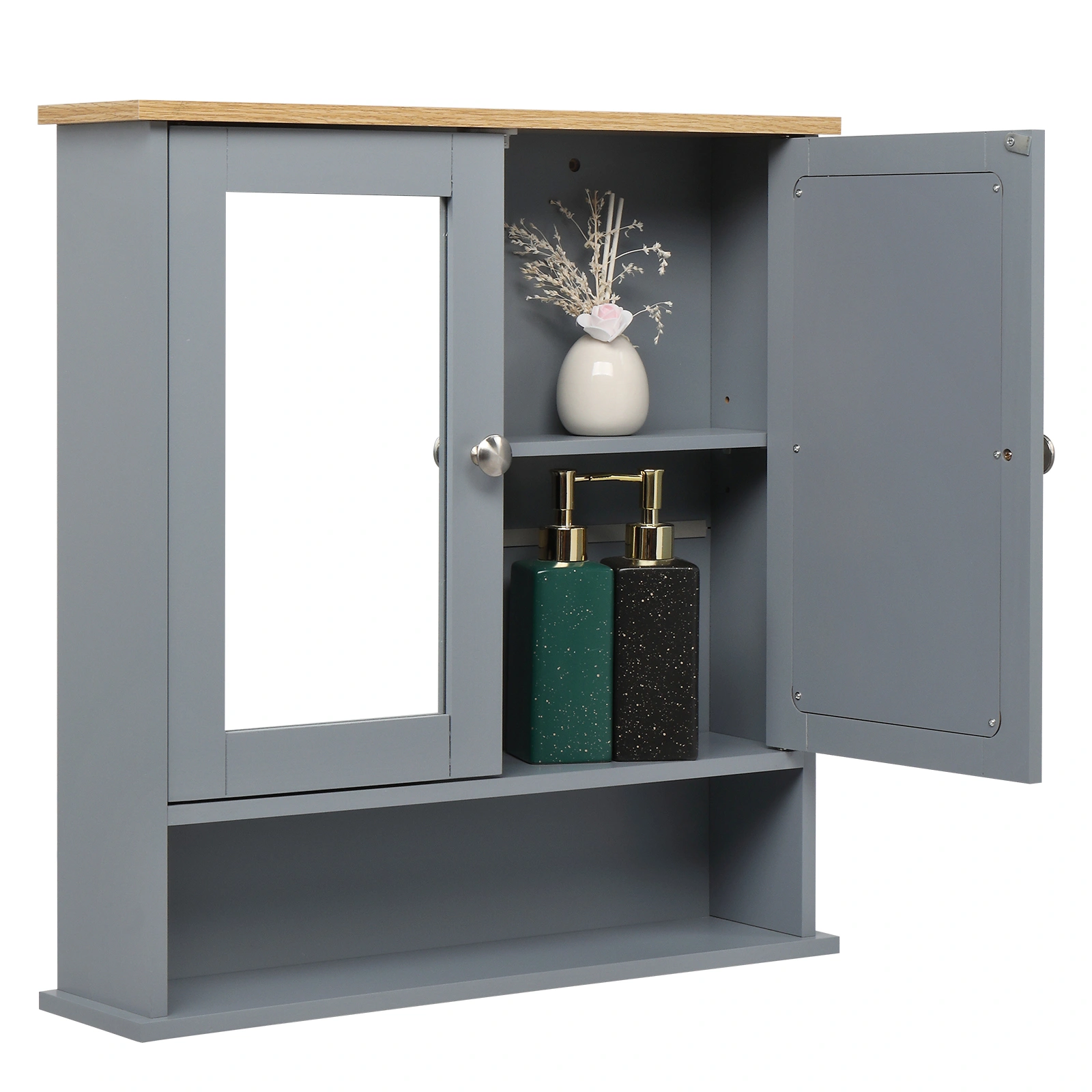 2-Door Gray Bathroom Wall Cabinet with Mirrored Doors, 1 Interior Storage Shelf, MDF Construction for Vanity & Toilet view 7