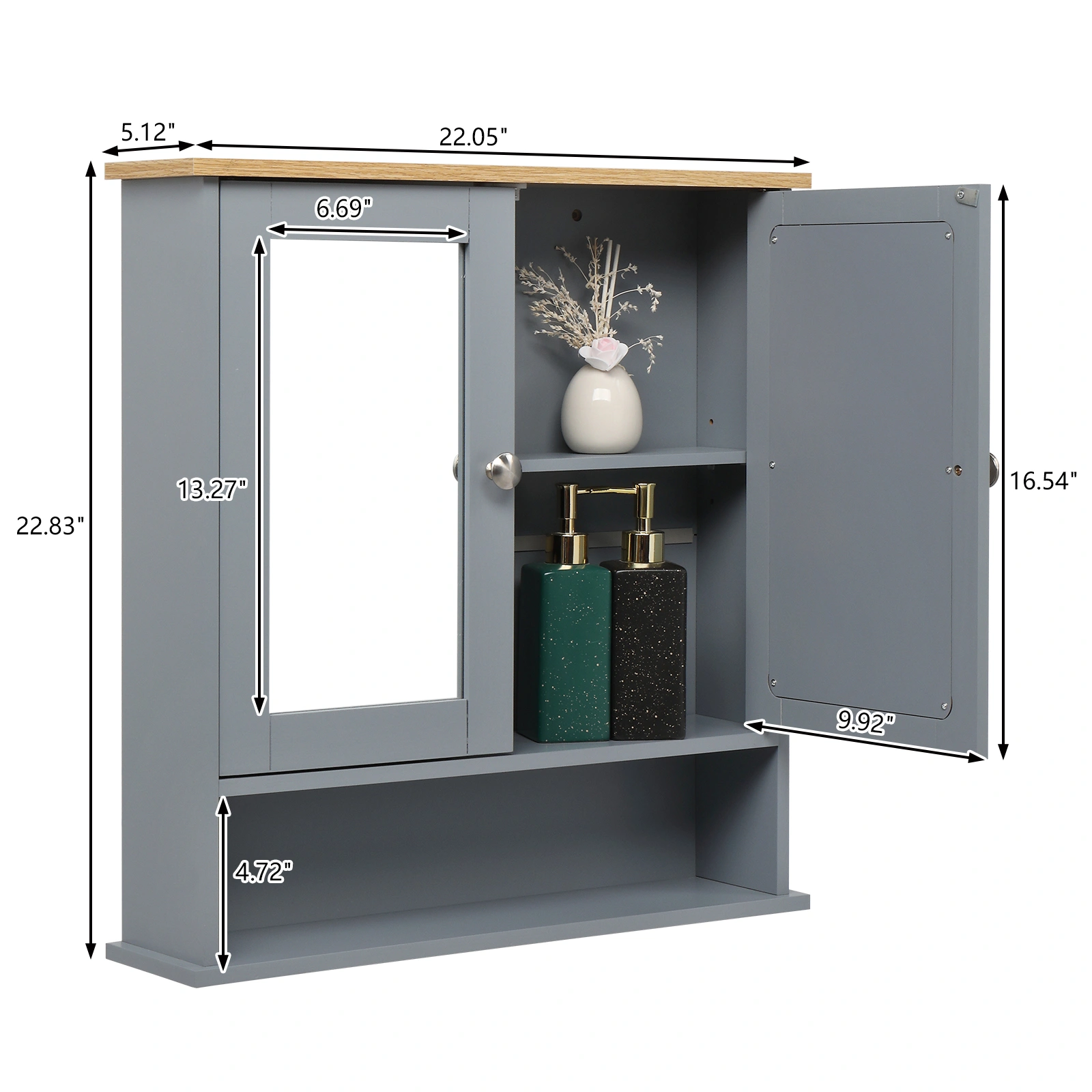 2-Door Gray Bathroom Wall Cabinet with Mirrored Doors, 1 Interior Storage Shelf, MDF Construction for Vanity & Toilet view 8