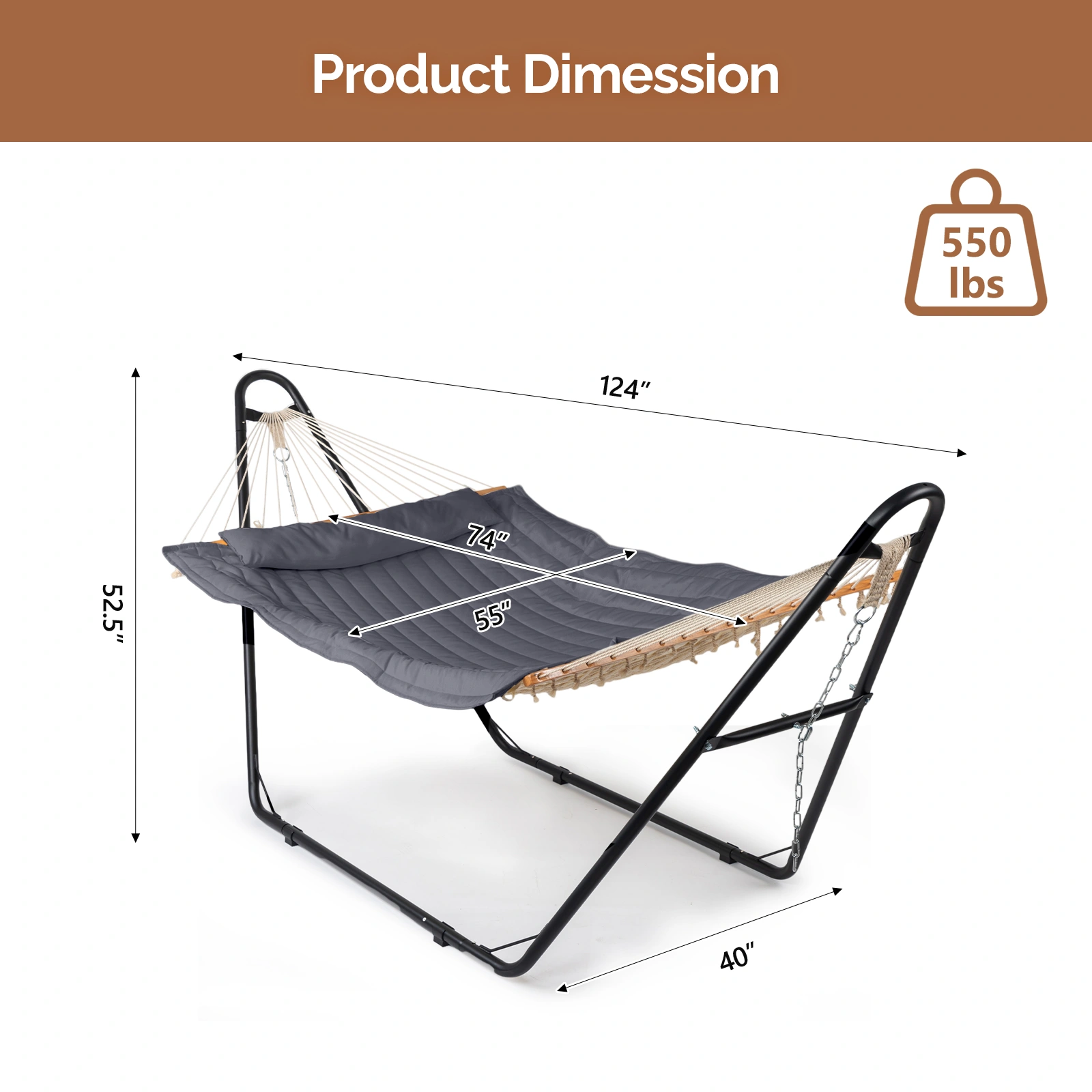Hammock with Stand, Double-Barrel Hammock with Hammock Bed, Heavy Duty Adjustable Hammock Set for Outdoors, Patio, Yard, Garden, Gray view 5