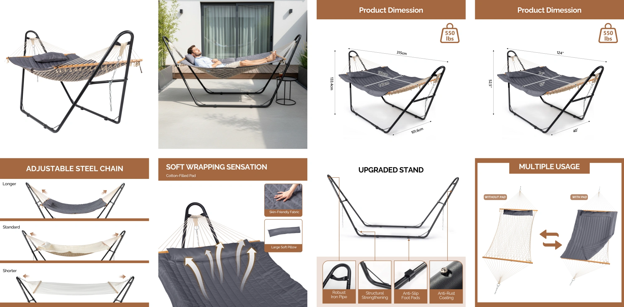 Hammock with Stand, Double-Barrel Hammock with Hammock Bed, Heavy Duty Adjustable Hammock Set for Outdoors, Patio, Yard, Garden, Gray view 8