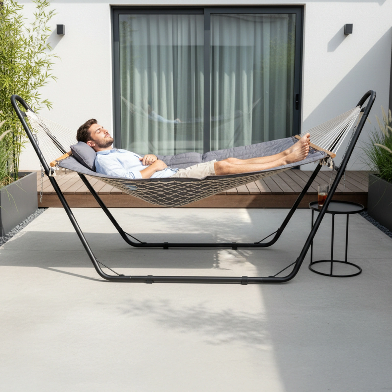 Hammock with Stand, Double-Barrel Hammock with Hammock Bed, Heavy Duty Adjustable Hammock Set for Outdoors, Patio, Yard, Garden, Gray view 9
