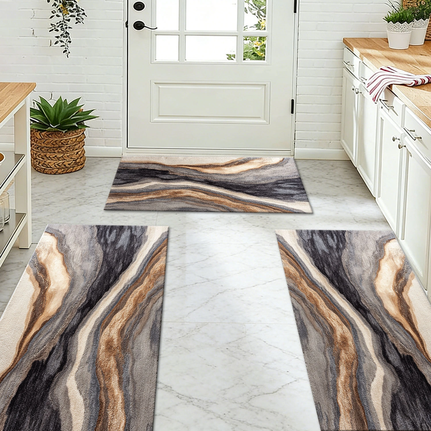 Three-piece kitchen rug set, non-slip and washable, abstract pattern kitchen hallway rug, soft and comfortable, suitable for sinks, floors, entrances, hallways and bathrooms. view 9