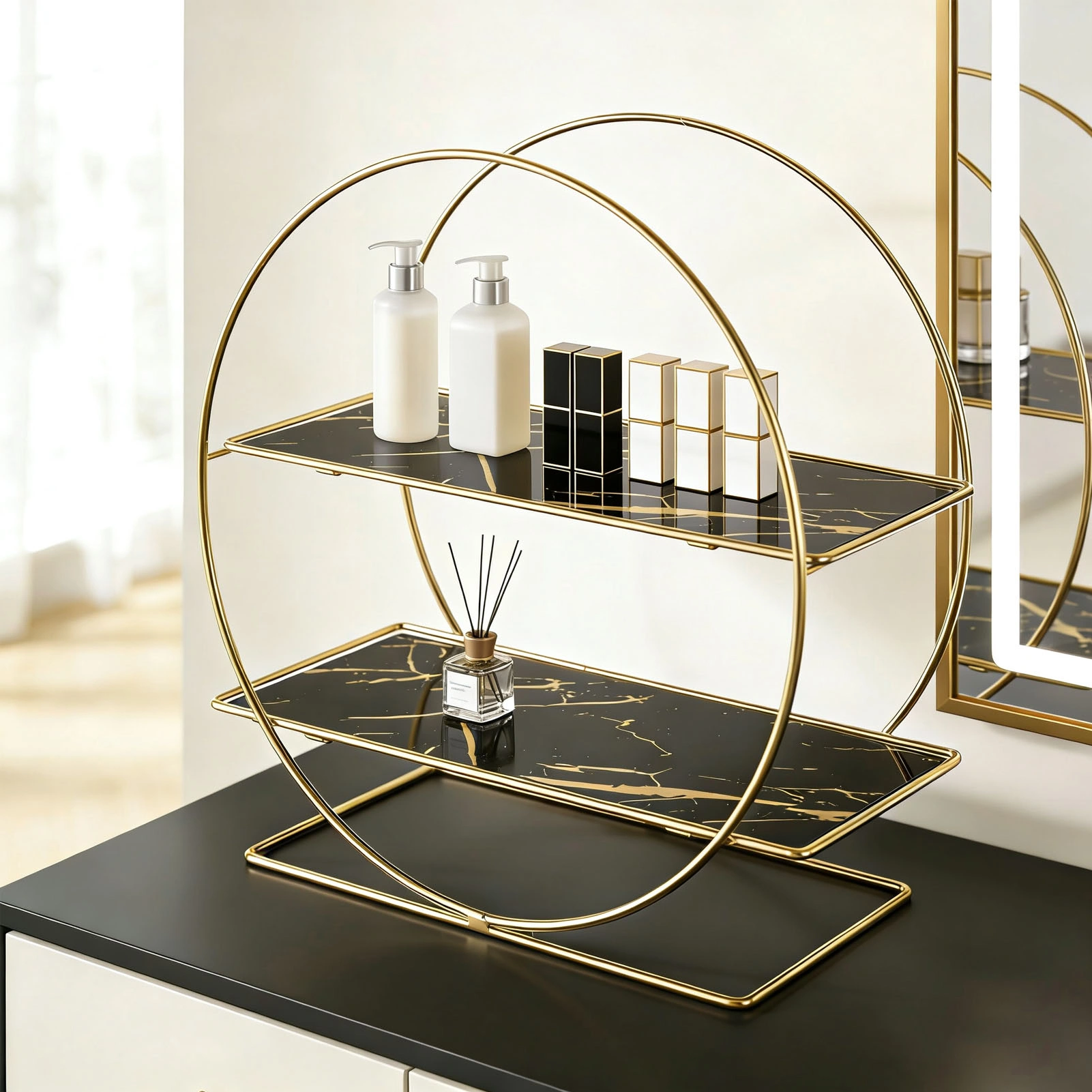 Black Iron 2-Tier Bathroom Counter Organizer Shelf - Multi-Purpose Countertop Storage for Cosmetics, Skincare, Toiletries