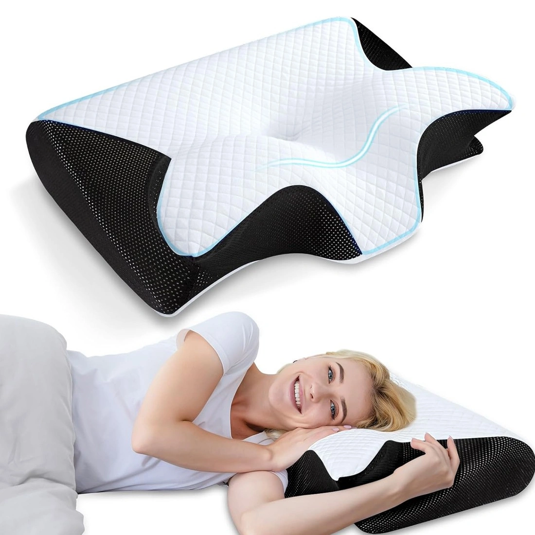 Ergonomic Memory Foam Cervical Neck Pillow for Shoulder Pain Relief, Orthopedic Support Bed Pillow, White view 2