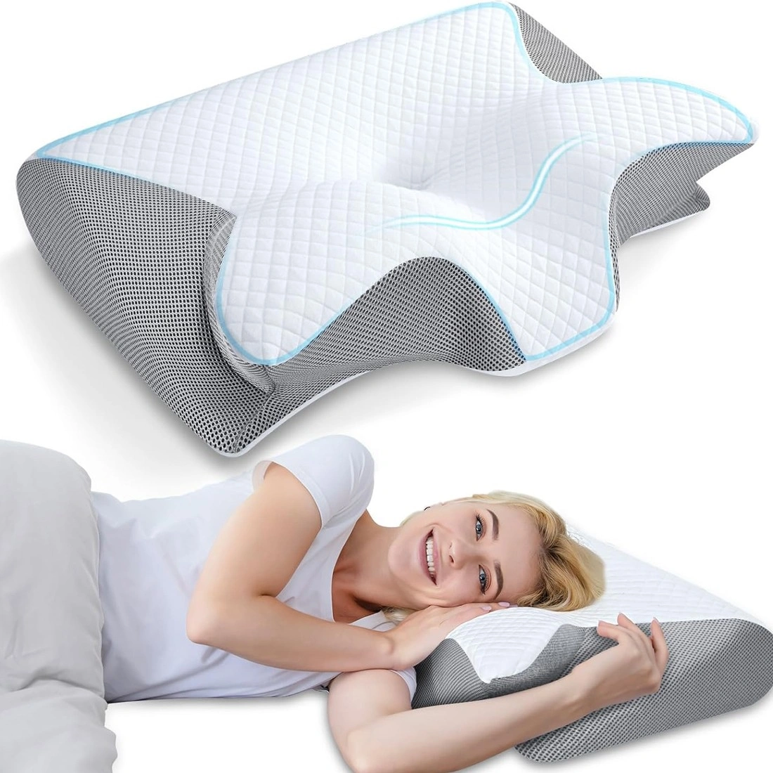 Ergonomic Memory Foam Cervical Neck Pillow for Shoulder Pain Relief, Orthopedic Support Bed Pillow, White view 4