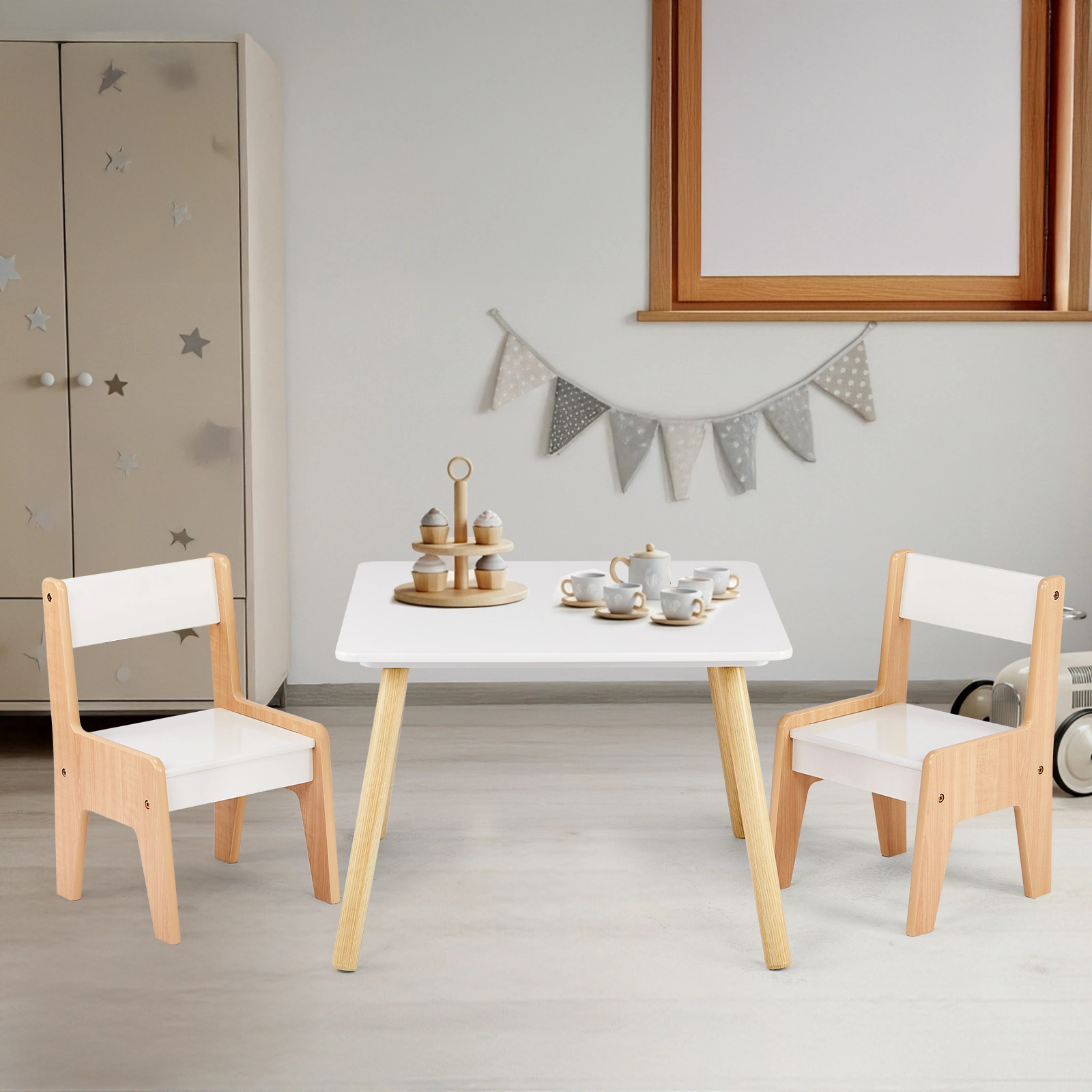 White & Wood Tone Kids Table and 2 Chairs Set, MDF, 60*60*44cm view 2