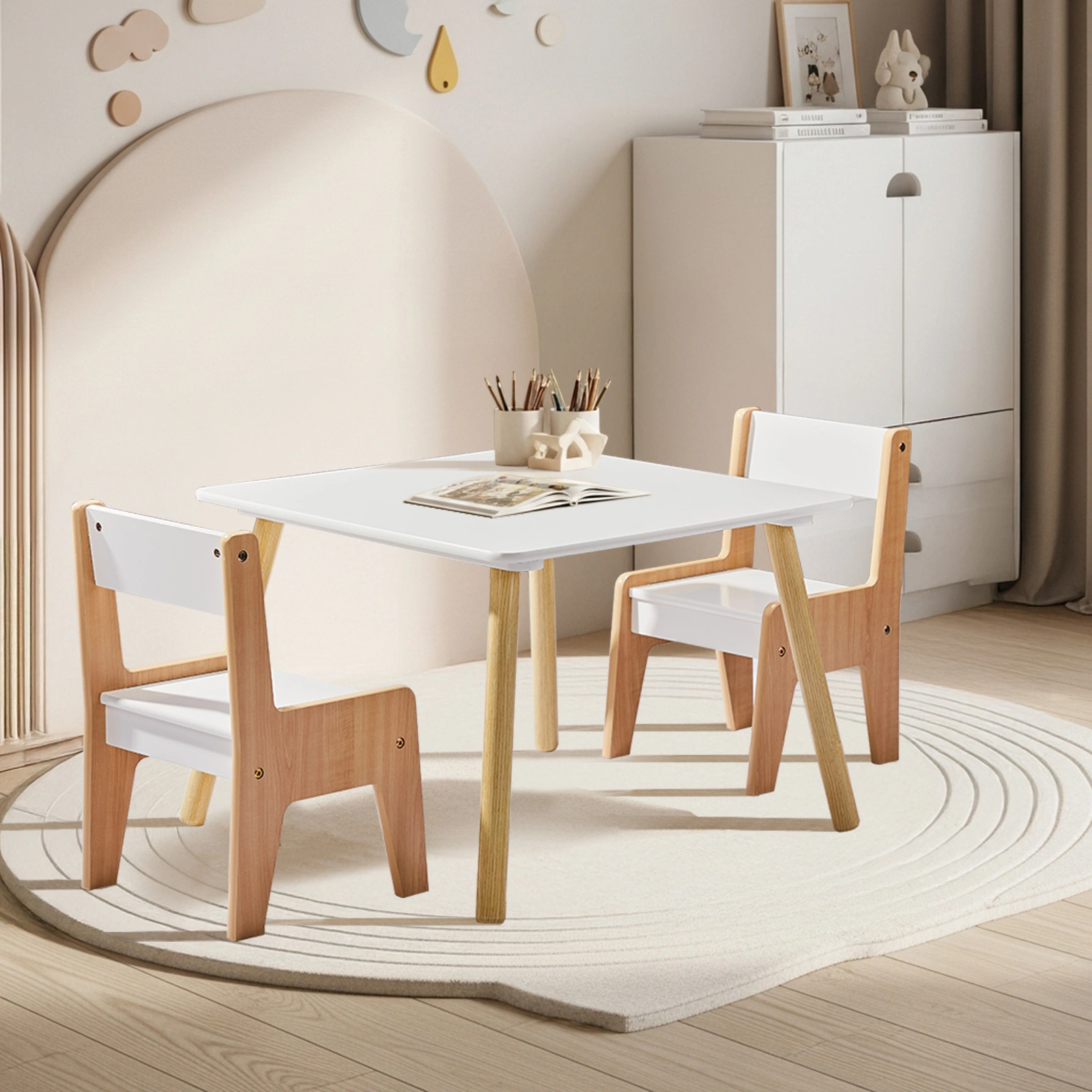 White & Wood Tone Kids Table and 2 Chairs Set, MDF, 60*60*44cm view 3