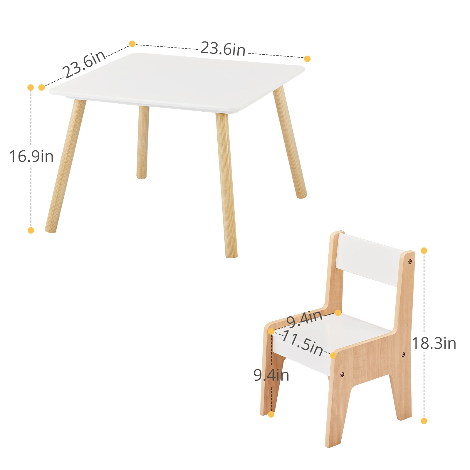 White & Wood Tone Kids Table and 2 Chairs Set, MDF, 60*60*44cm view 4