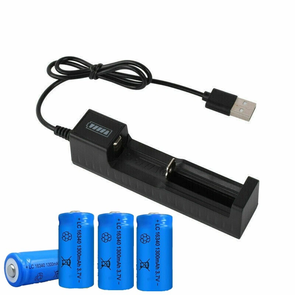 4x 16340 3.7V Li-ion Rechargeable Battery Pack + 1x USB Charger, 3.7 Volt Lithium Ion Cells