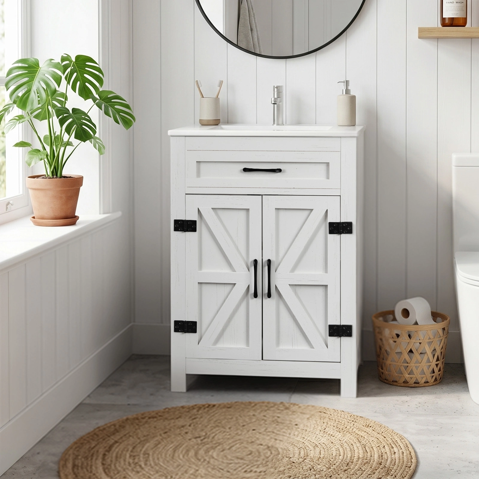Washed white particleboard with melamine veneer, barn double door with U-shaped internal shelves, washbasin cabinet, 61*47*85cm (24 inches)