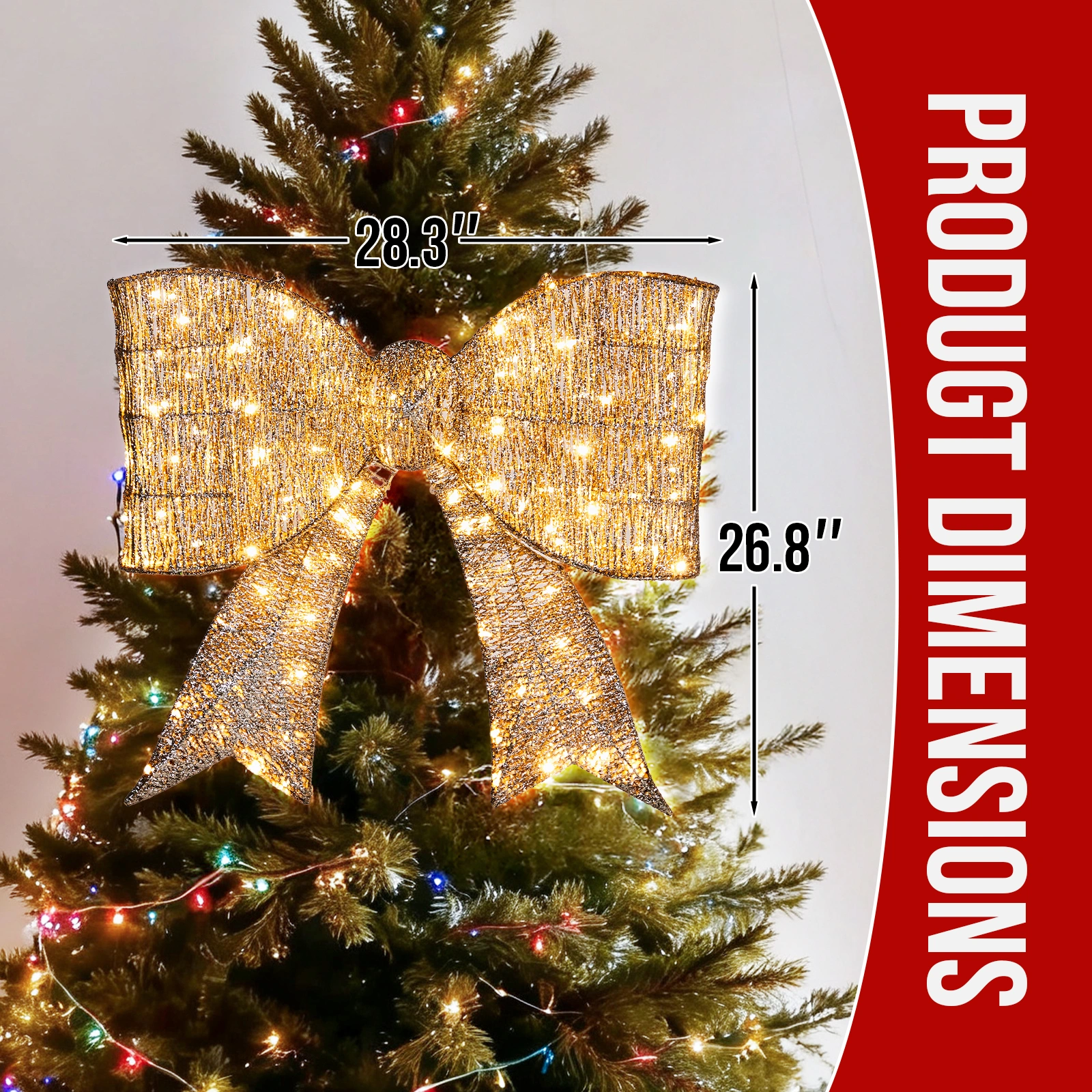 Giant Pre-Lit Bowknot Christmas Decoration, Lighted Metal Frame with 124 Warm White LED Lights, Outdoor Indoor Holiday Party Ornament for Door Gate Wall, Golden view 10