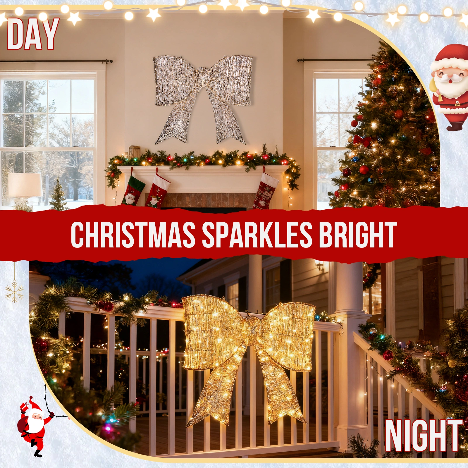 Giant Pre-Lit Bowknot Christmas Decoration, Lighted Metal Frame with 124 Warm White LED Lights, Outdoor Indoor Holiday Party Ornament for Door Gate Wall, Golden view 12