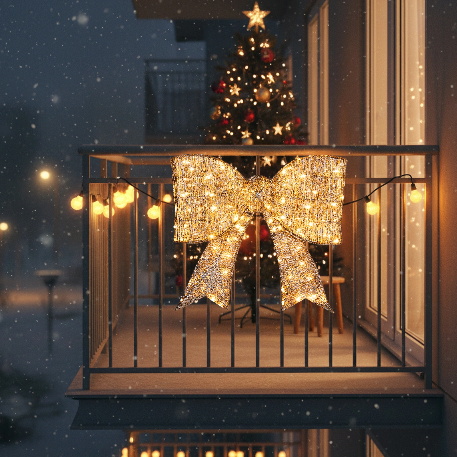 Giant Pre-Lit Bowknot Christmas Decoration, Lighted Metal Frame with 124 Warm White LED Lights, Outdoor Indoor Holiday Party Ornament for Door Gate Wall, Golden view 7