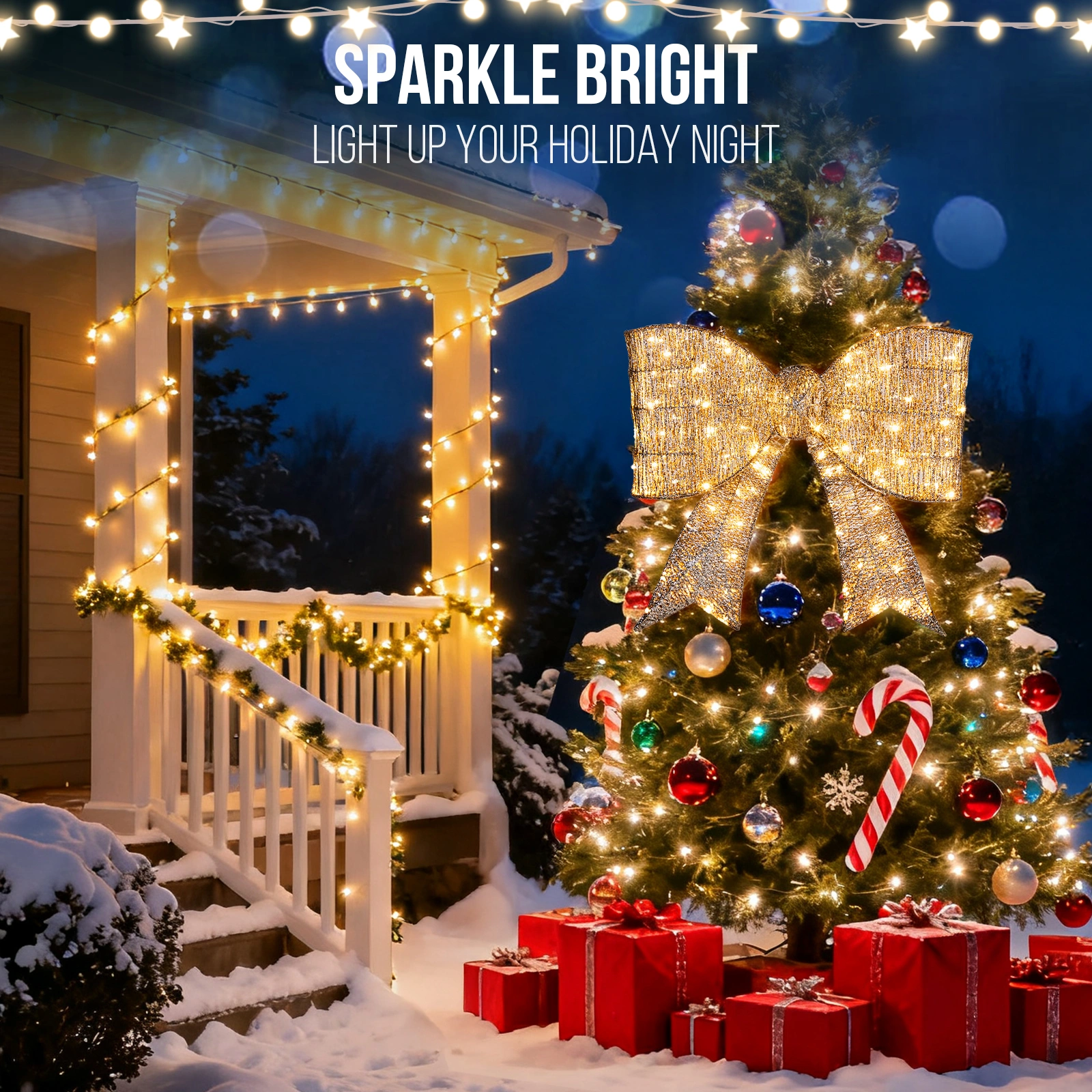 Giant Pre-Lit Bowknot Christmas Decoration, Lighted Metal Frame with 124 Warm White LED Lights, Outdoor Indoor Holiday Party Ornament for Door Gate Wall, Golden view 9