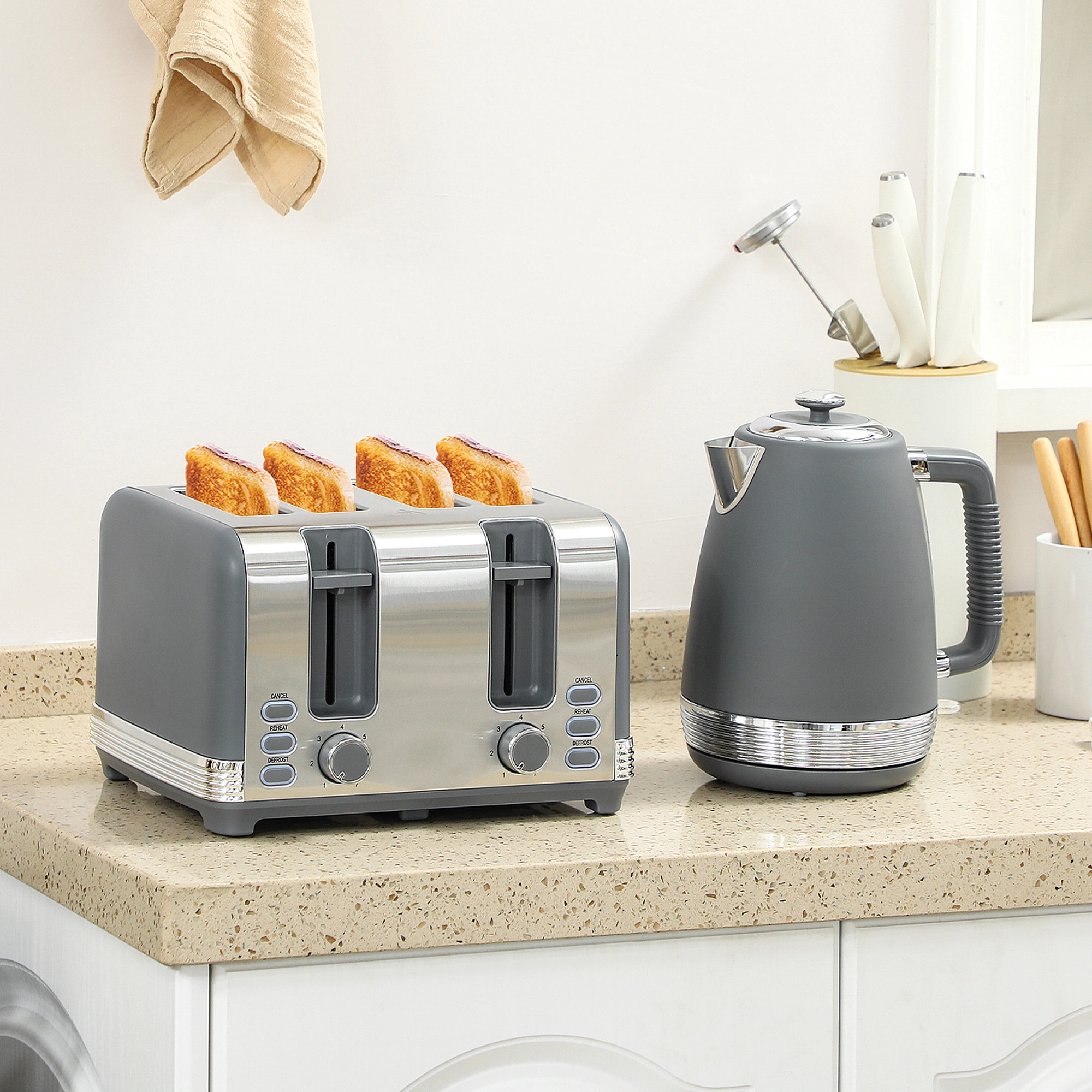 Electric Kettle and Toaster Combo Set, 1500W Fast Boil & Toast, Heat Resistant Handles