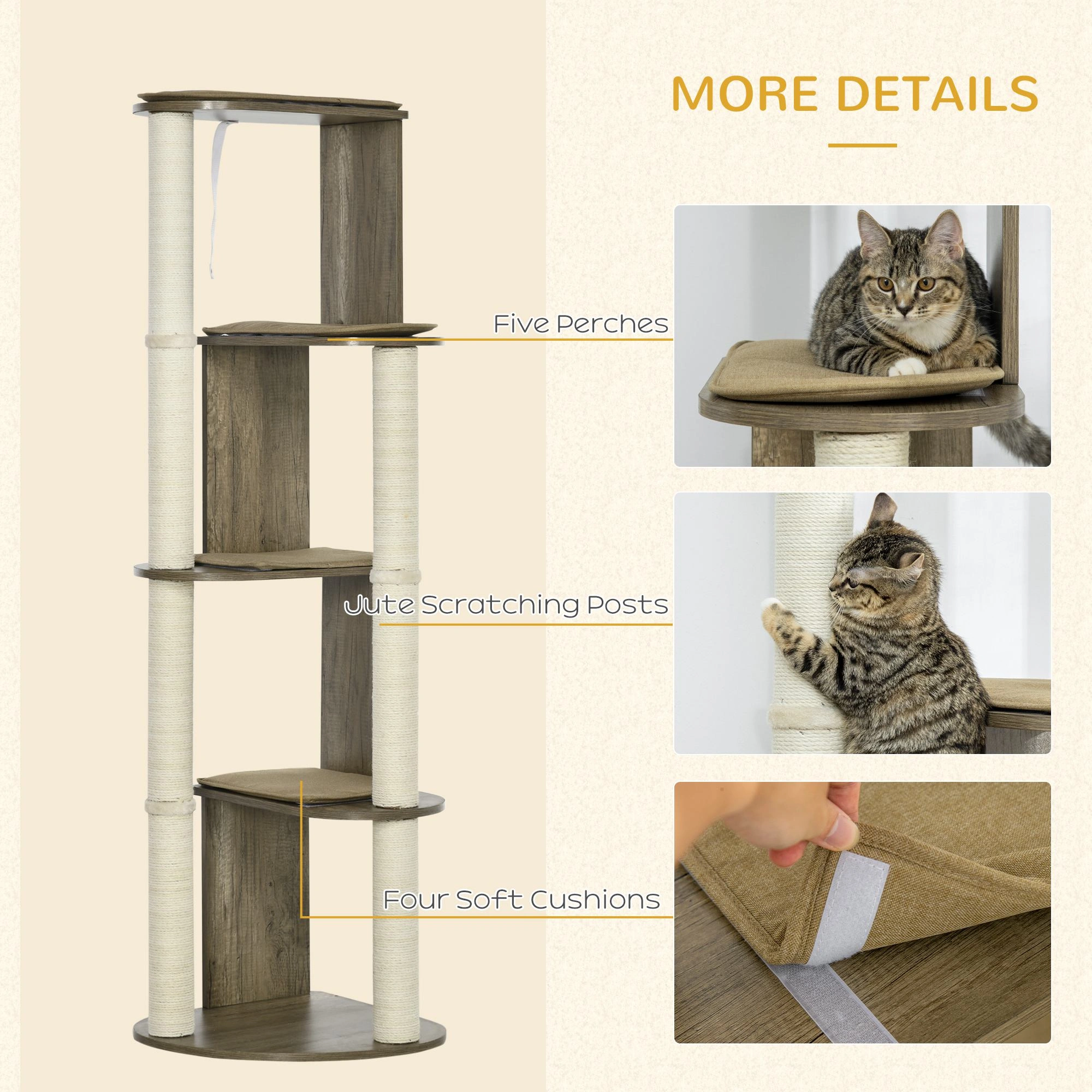 Cat Tree Multi-Level Cat Condo Tower with Sisal Scratching Posts, Plush Beds, Hammock & Perches for Indoor Cats Kittens Small Pets, Beige Gray view 4