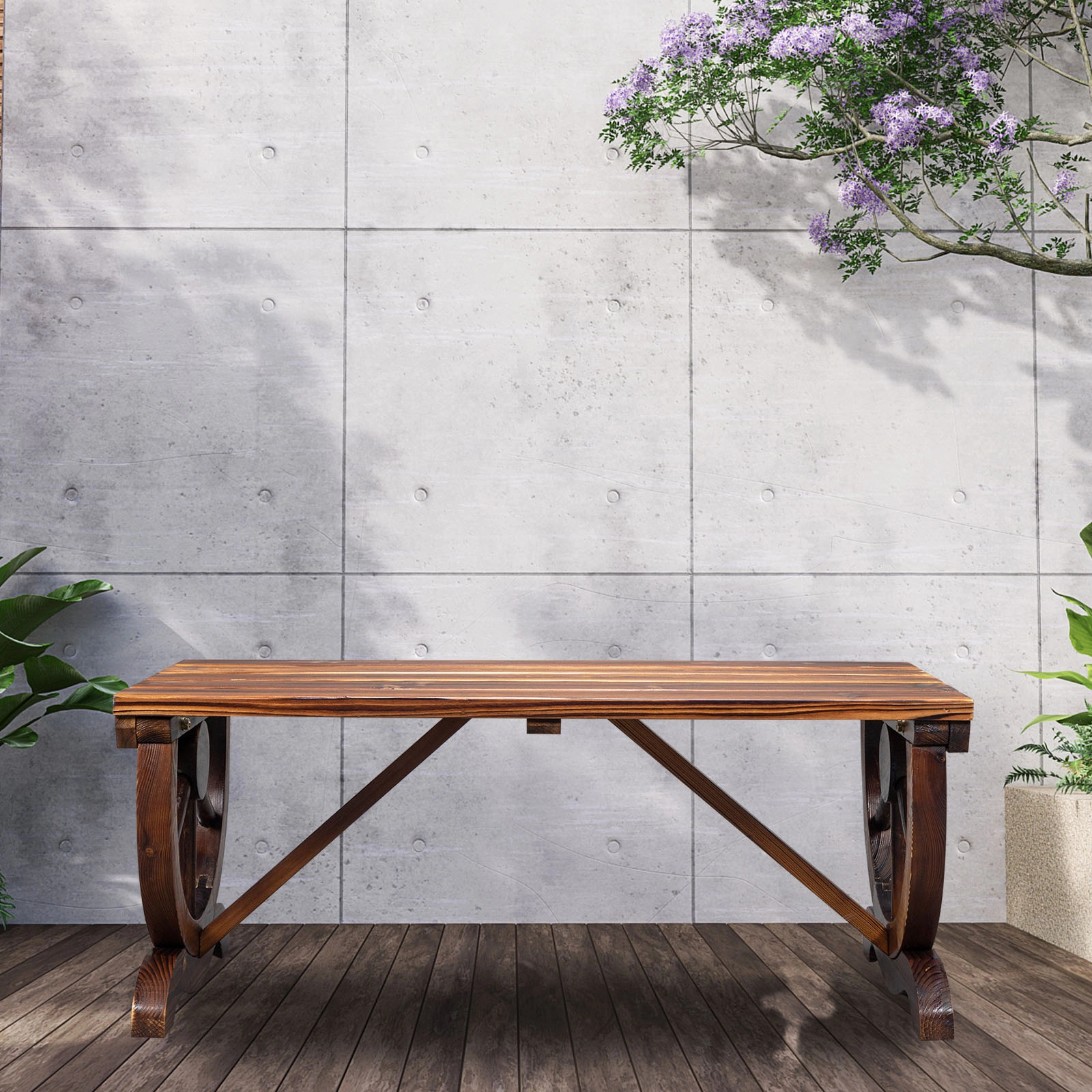 2-Person Rustic Garden Bench, Outdoor Wagon Wheel Porch Bench for Backyard Patio Garden, Brown view 10