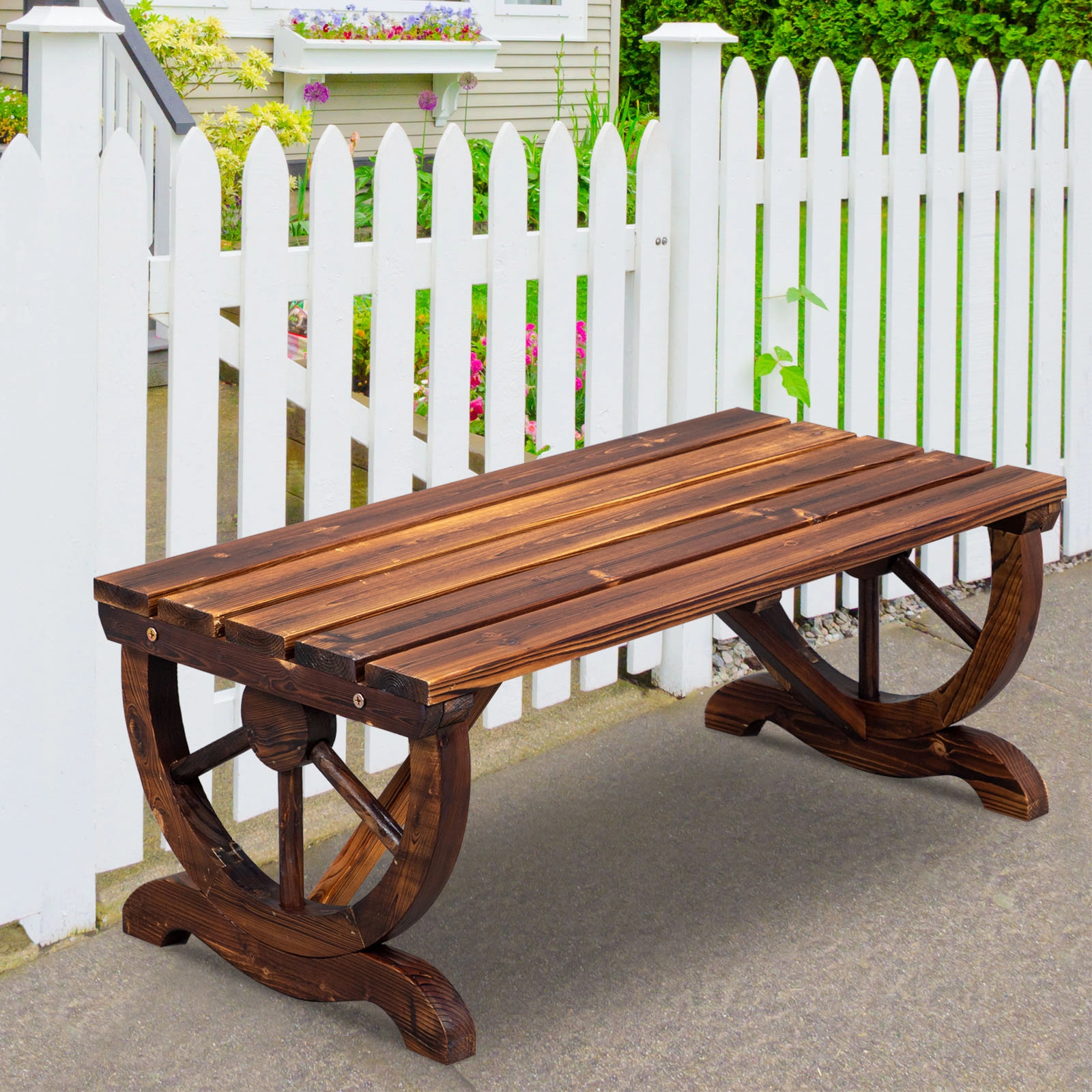 2-Person Rustic Garden Bench, Outdoor Wagon Wheel Porch Bench for Backyard Patio Garden, Brown view 18