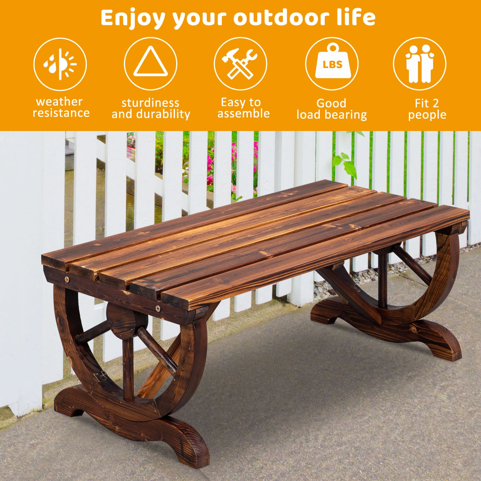 2-Person Rustic Garden Bench, Outdoor Wagon Wheel Porch Bench for Backyard Patio Garden, Brown view 2