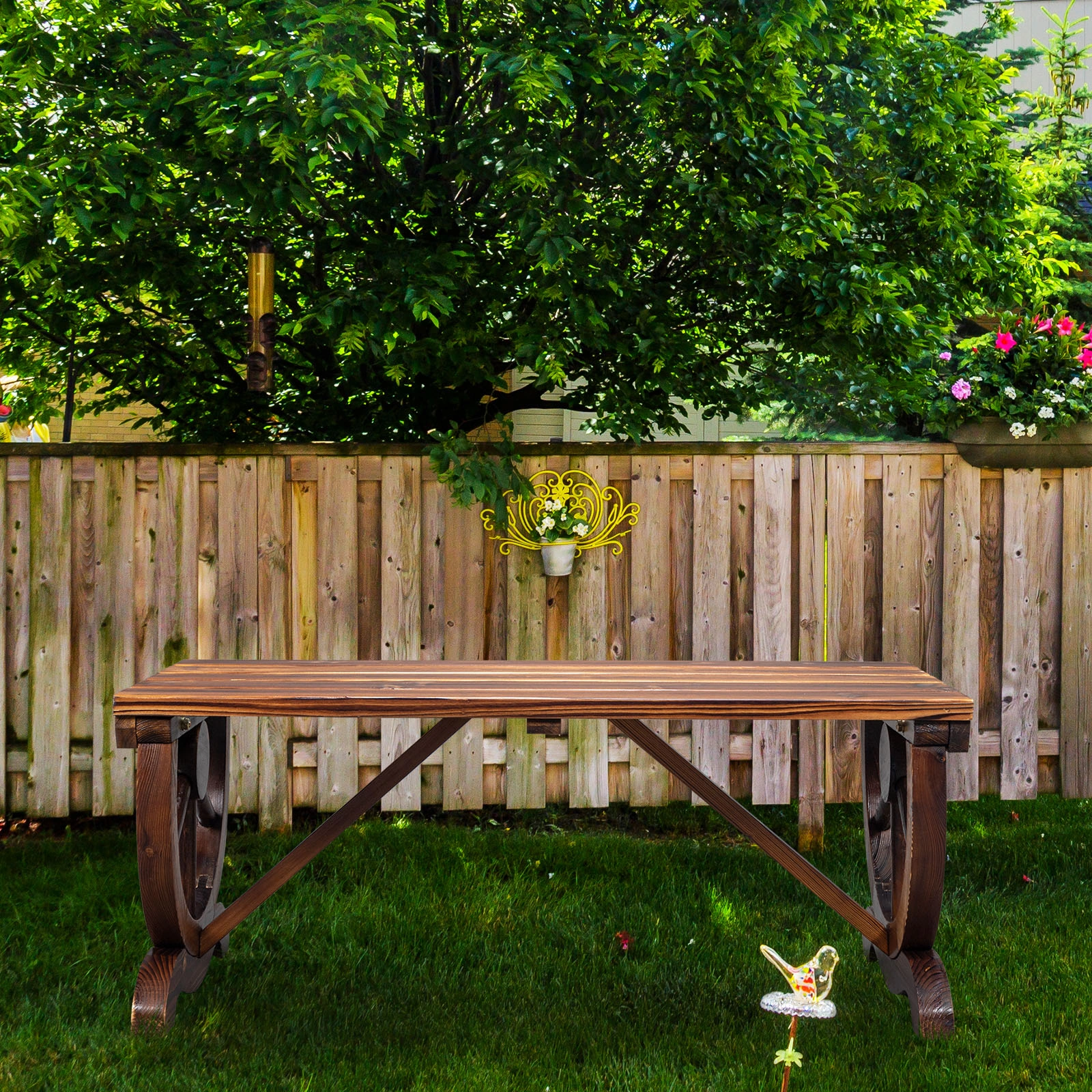 2-Person Rustic Garden Bench, Outdoor Wagon Wheel Porch Bench for Backyard Patio Garden, Brown view 3