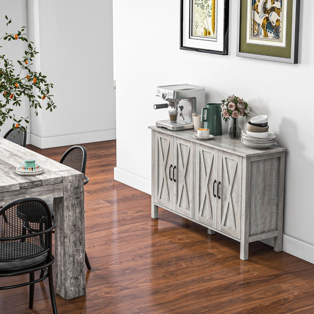 Gray Kitchen Sideboard Buffet Cabinet - 4 Barn Doors, 2 Adjustable Shelves, Home Storage Console view 2