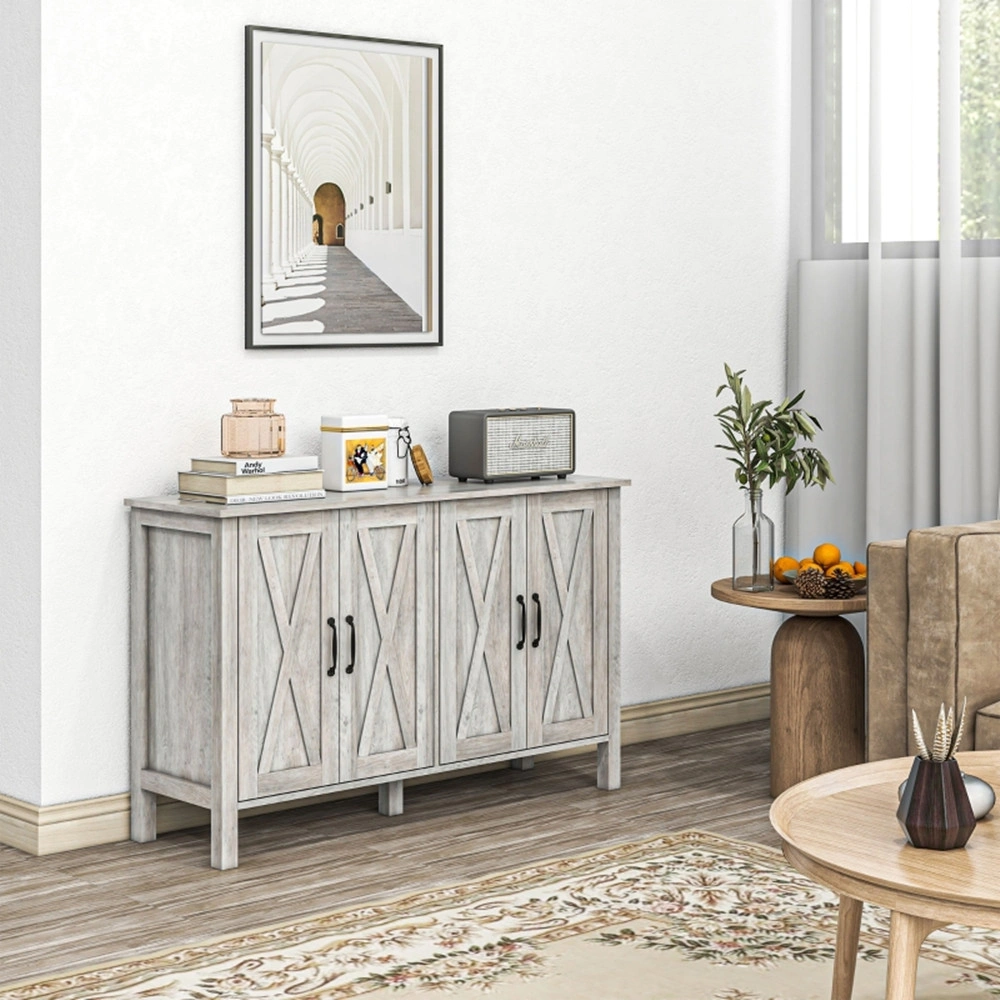 Gray Kitchen Sideboard Buffet Cabinet - 4 Barn Doors, 2 Adjustable Shelves, Home Storage Console view 4