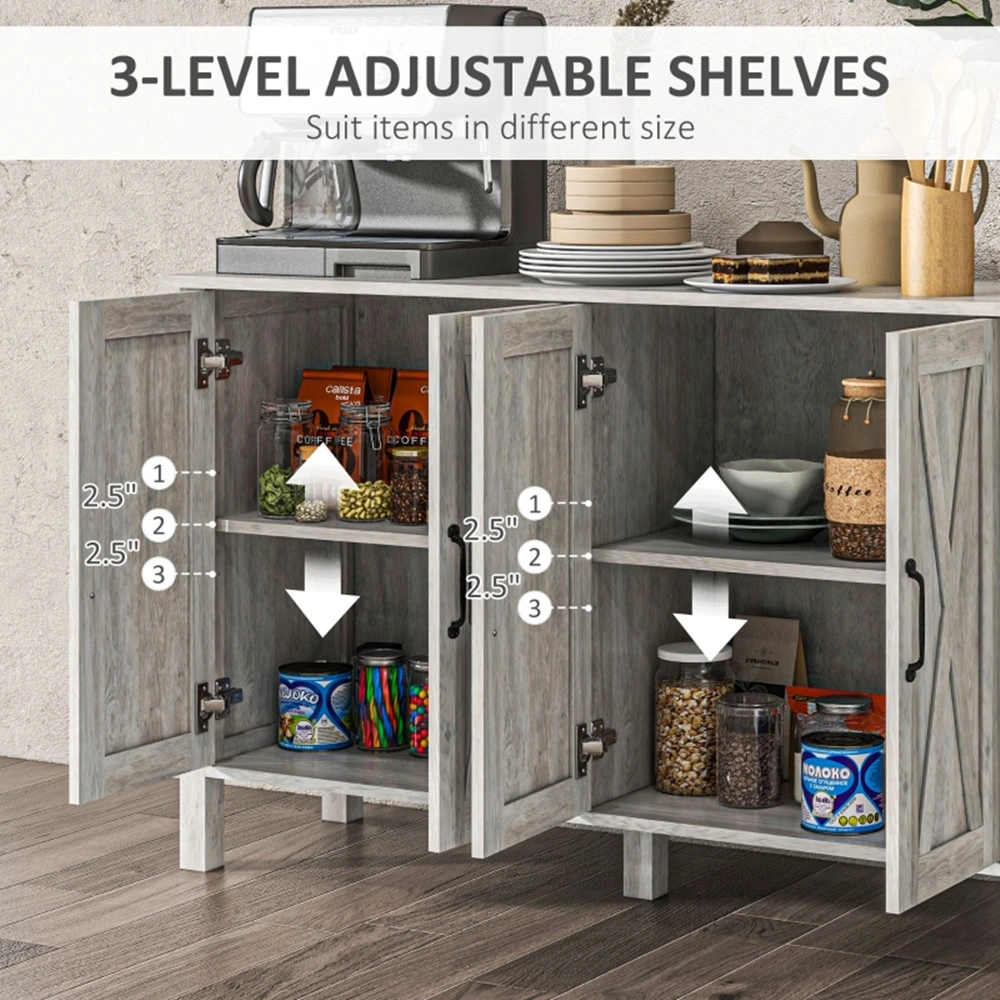 Gray Kitchen Sideboard Buffet Cabinet - 4 Barn Doors, 2 Adjustable Shelves, Home Storage Console view 5