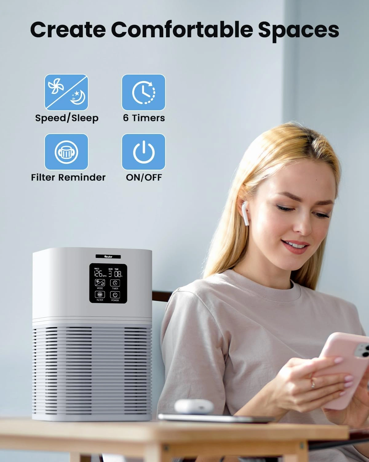 VEWIOR 2 in 1 Air Purifier H13 True HEPA Filter, Quiet Air Cleaner with Aromatherapy Diffuser & Auto Mode for Home Office Bedroom, Allergies Pets Hair Odor Eliminator view 3