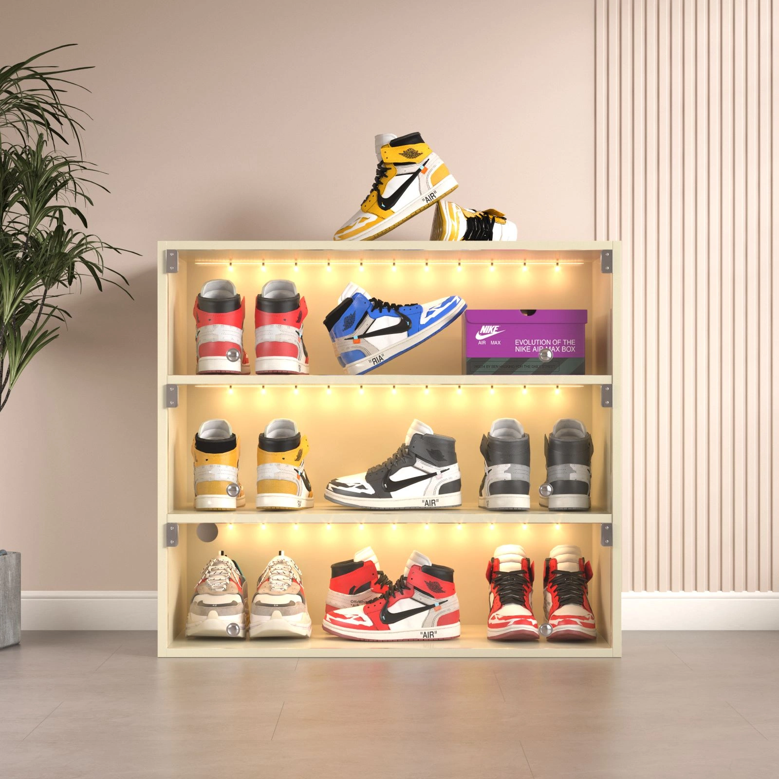 Off-White 3-Tier LED Display Shoe Box Cabinet with Glass Doors, Sneaker Storage Case, 1 Piece