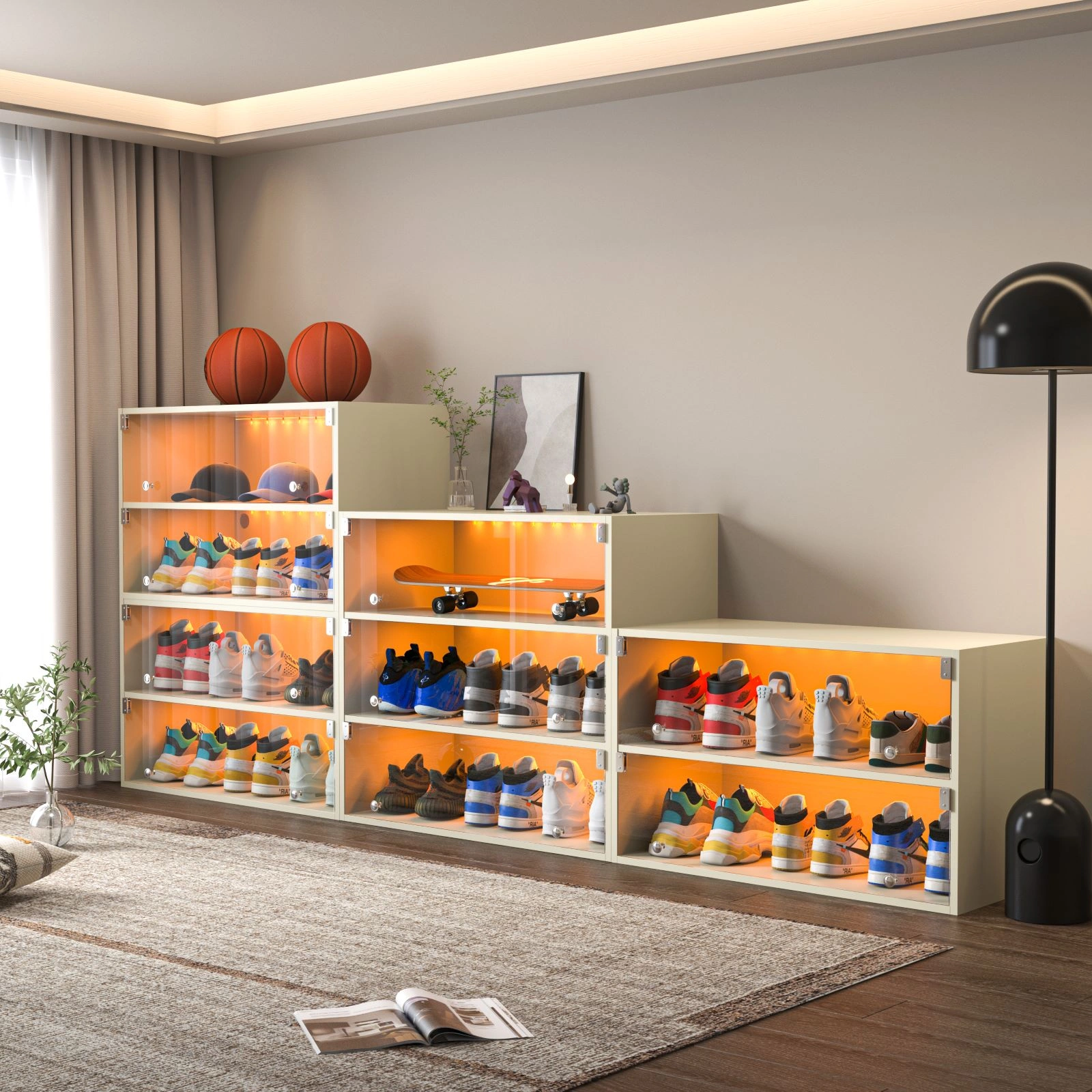 Off-White 3-Tier LED Display Shoe Box Cabinet with Glass Doors, Sneaker Storage Case, 1 Piece view 2