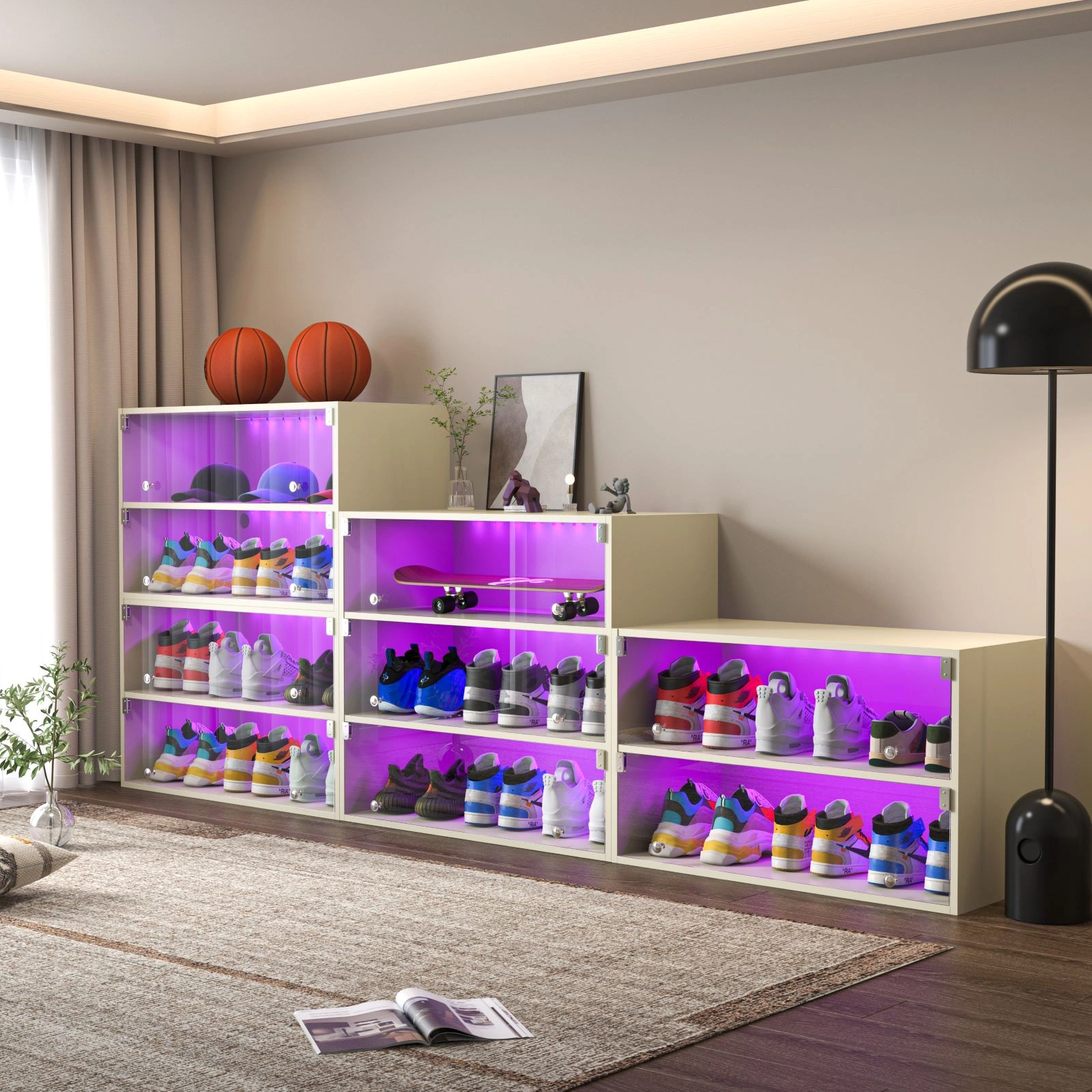 Off-White 3-Tier LED Display Shoe Box Cabinet with Glass Doors, Sneaker Storage Case, 1 Piece view 3
