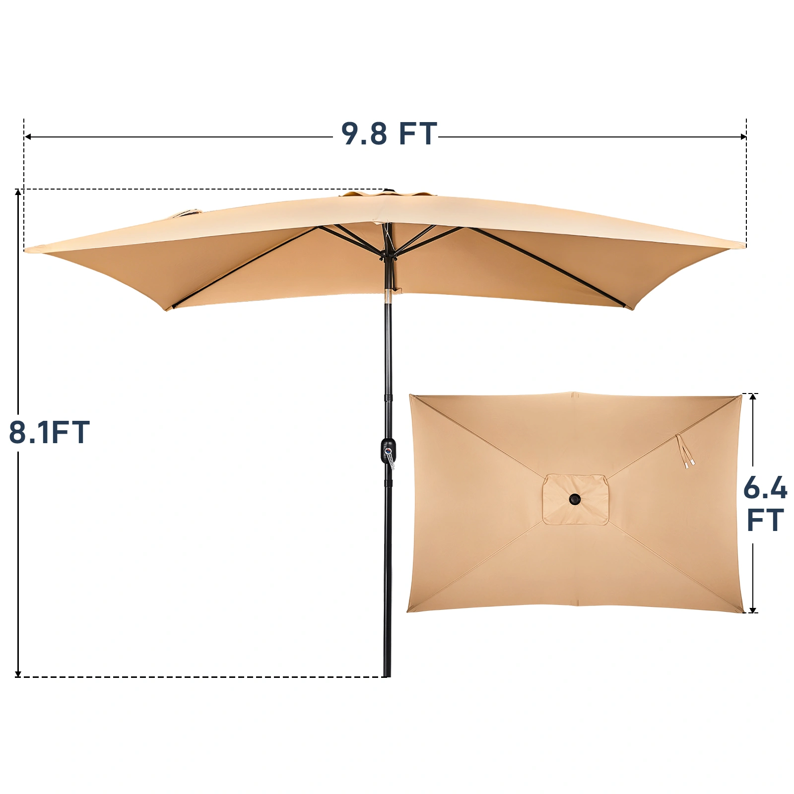 10 x 6.5 FT Square Patio Umbrella, Tilting Outdoor Market Umbrella with 6 Iron Ribs & Iron Pole, Polyester Fabric Yard Sun Shade Umbrella Khaki view 4