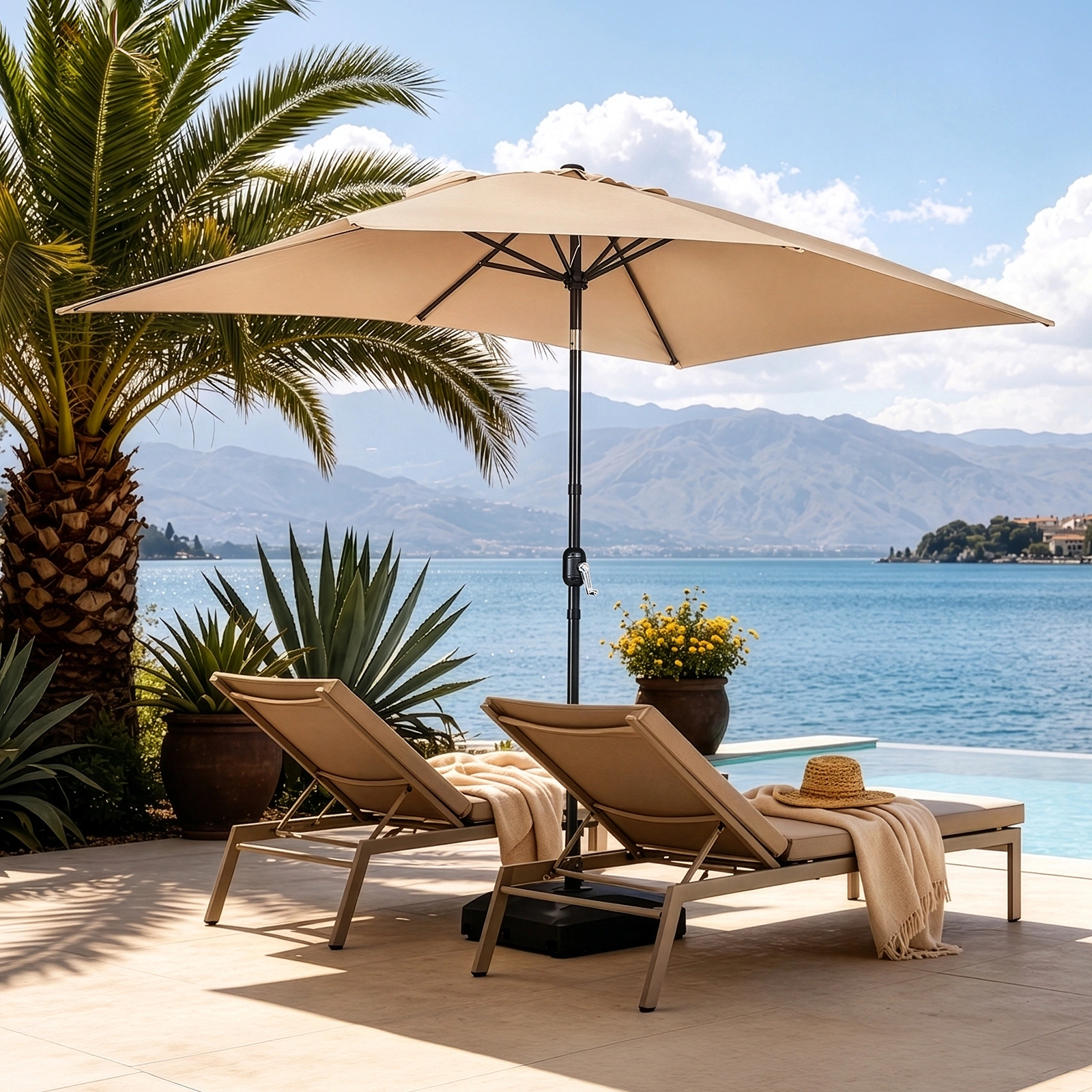 10 x 6.5 FT Square Patio Umbrella, Tilting Outdoor Market Umbrella with 6 Iron Ribs & Iron Pole, Polyester Fabric Yard Sun Shade Umbrella Khaki view 9