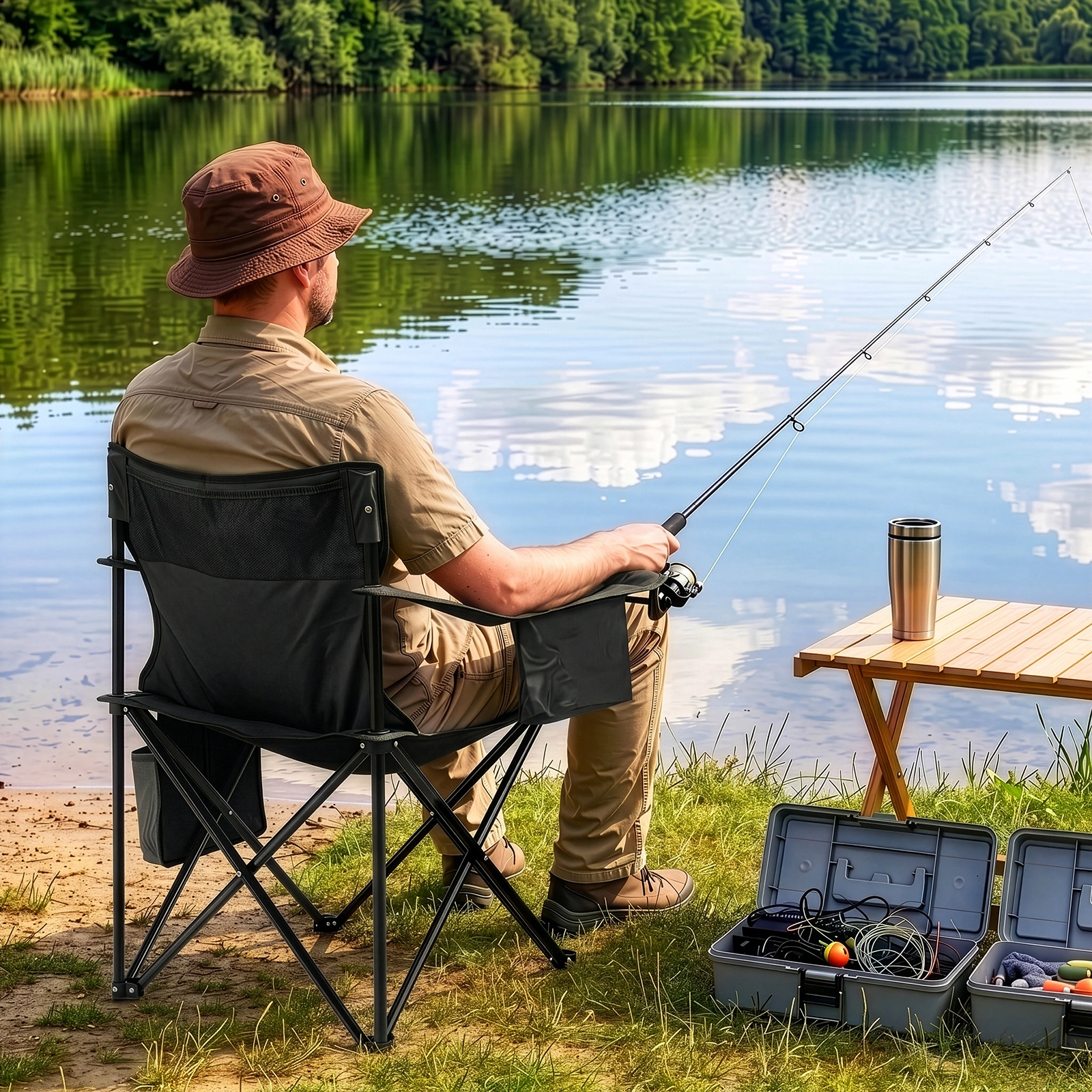 Folding Camping Chair with Built-in Cooler Bag, 350LBS Heavy Duty Portable Outdoor Chair with Cup Holder, Side Pocket & Carry Bag, 33.7"×20.5"×33.5" Black Camping Chair with Yellow Stripes for Beach, Picnic, Fishing view 19