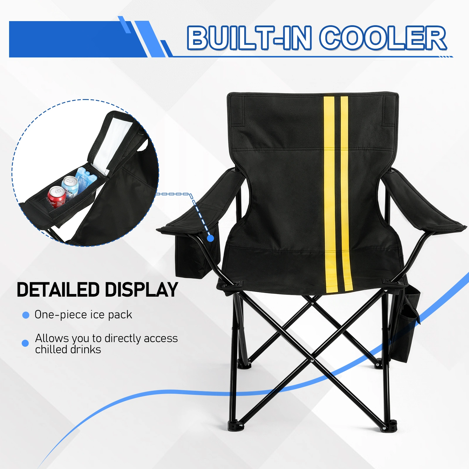 Folding Camping Chair with Built-in Cooler Bag, 350LBS Heavy Duty Portable Outdoor Chair with Cup Holder, Side Pocket & Carry Bag, 33.7"×20.5"×33.5" Black Camping Chair with Yellow Stripes for Beach, Picnic, Fishing view 6