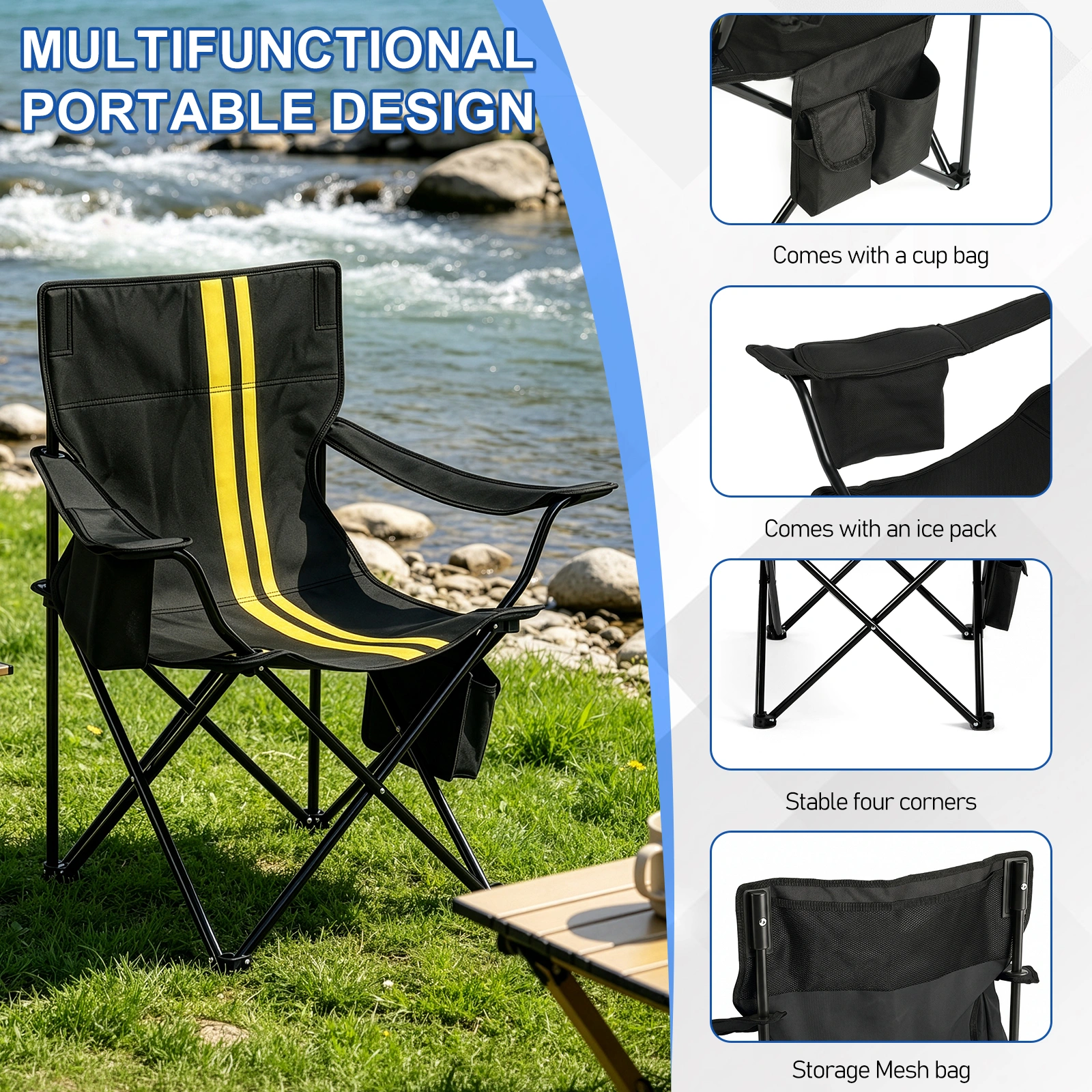 Folding Camping Chair with Built-in Cooler Bag, 350LBS Heavy Duty Portable Outdoor Chair with Cup Holder, Side Pocket & Carry Bag, 33.7"×20.5"×33.5" Black Camping Chair with Yellow Stripes for Beach, Picnic, Fishing view 7
