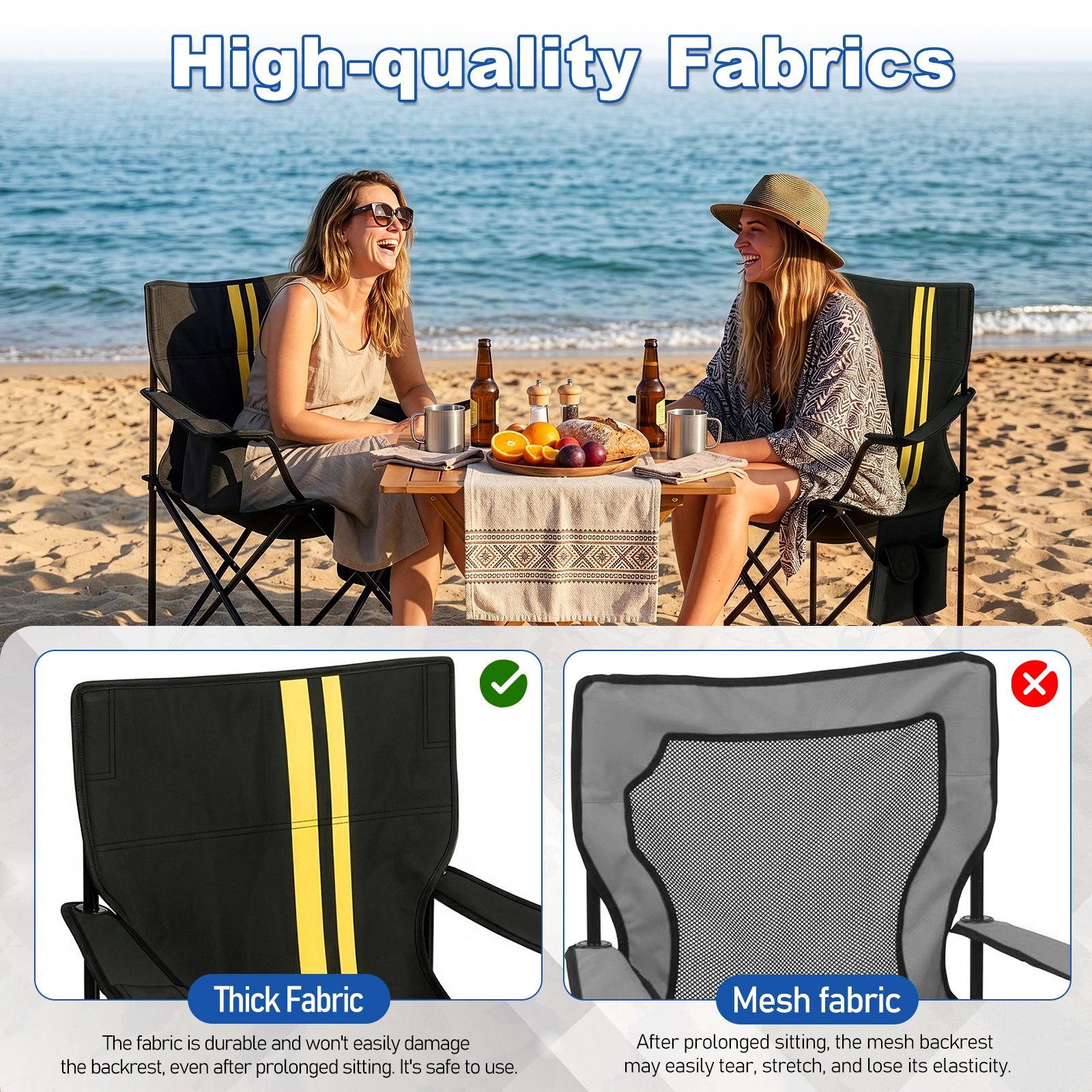Folding Camping Chair with Built-in Cooler Bag, 350LBS Heavy Duty Portable Outdoor Chair with Cup Holder, Side Pocket & Carry Bag, 33.7"×20.5"×33.5" Black Camping Chair with Yellow Stripes for Beach, Picnic, Fishing view 8