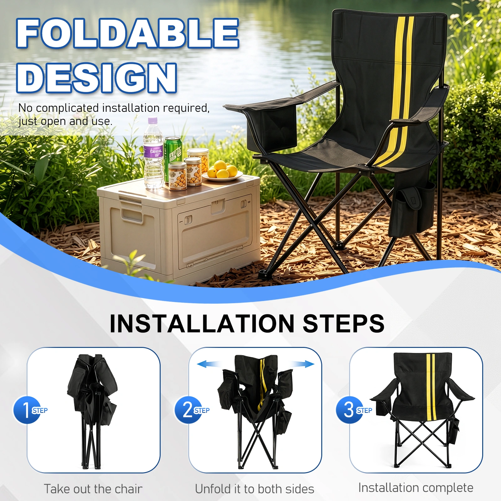 Folding Camping Chair with Built-in Cooler Bag, 350LBS Heavy Duty Portable Outdoor Chair with Cup Holder, Side Pocket & Carry Bag, 33.7"×20.5"×33.5" Black Camping Chair with Yellow Stripes for Beach, Picnic, Fishing view 9